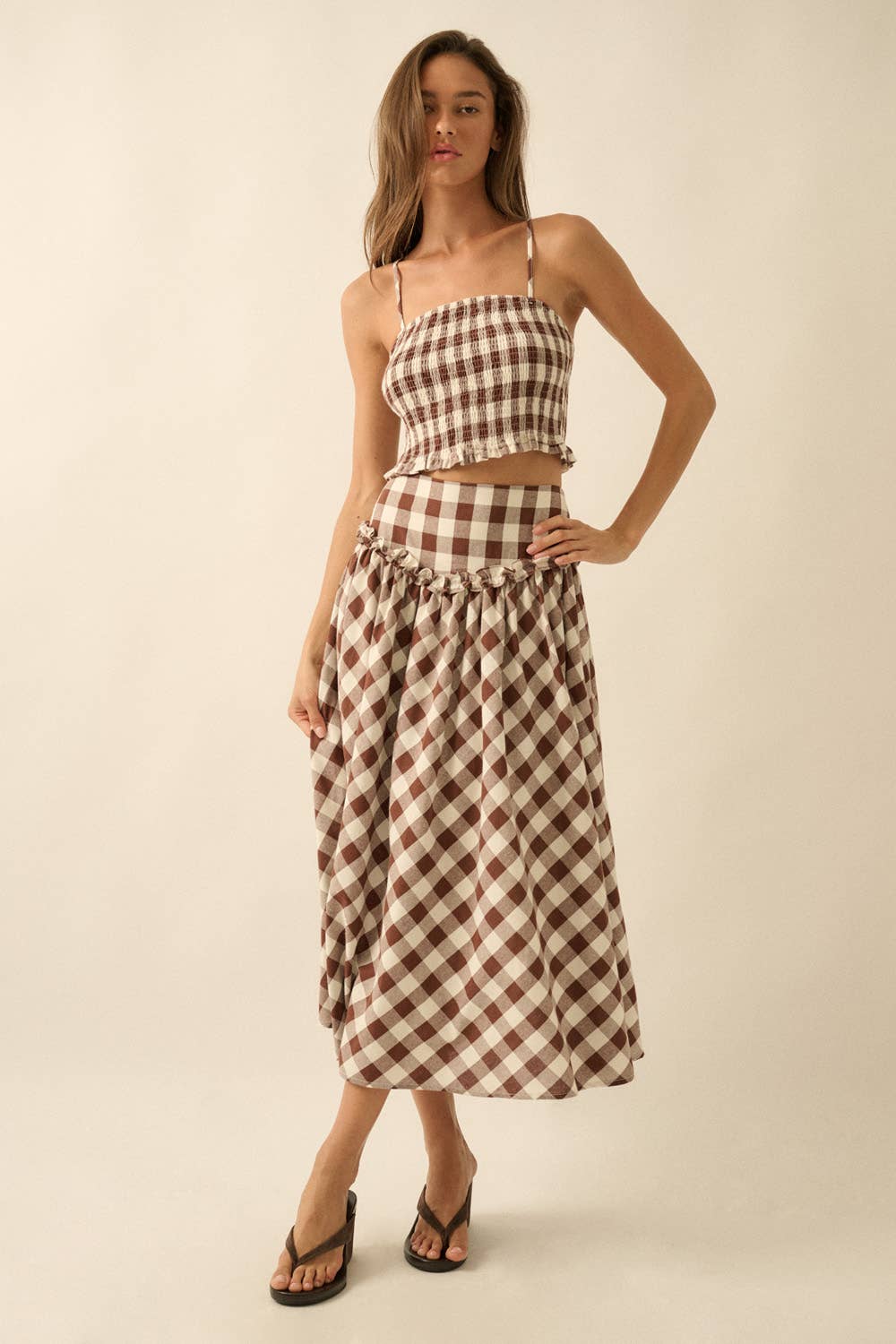 Gingham Plaid Drop-Waist Ruffle-Tim Circle Midi Skirt