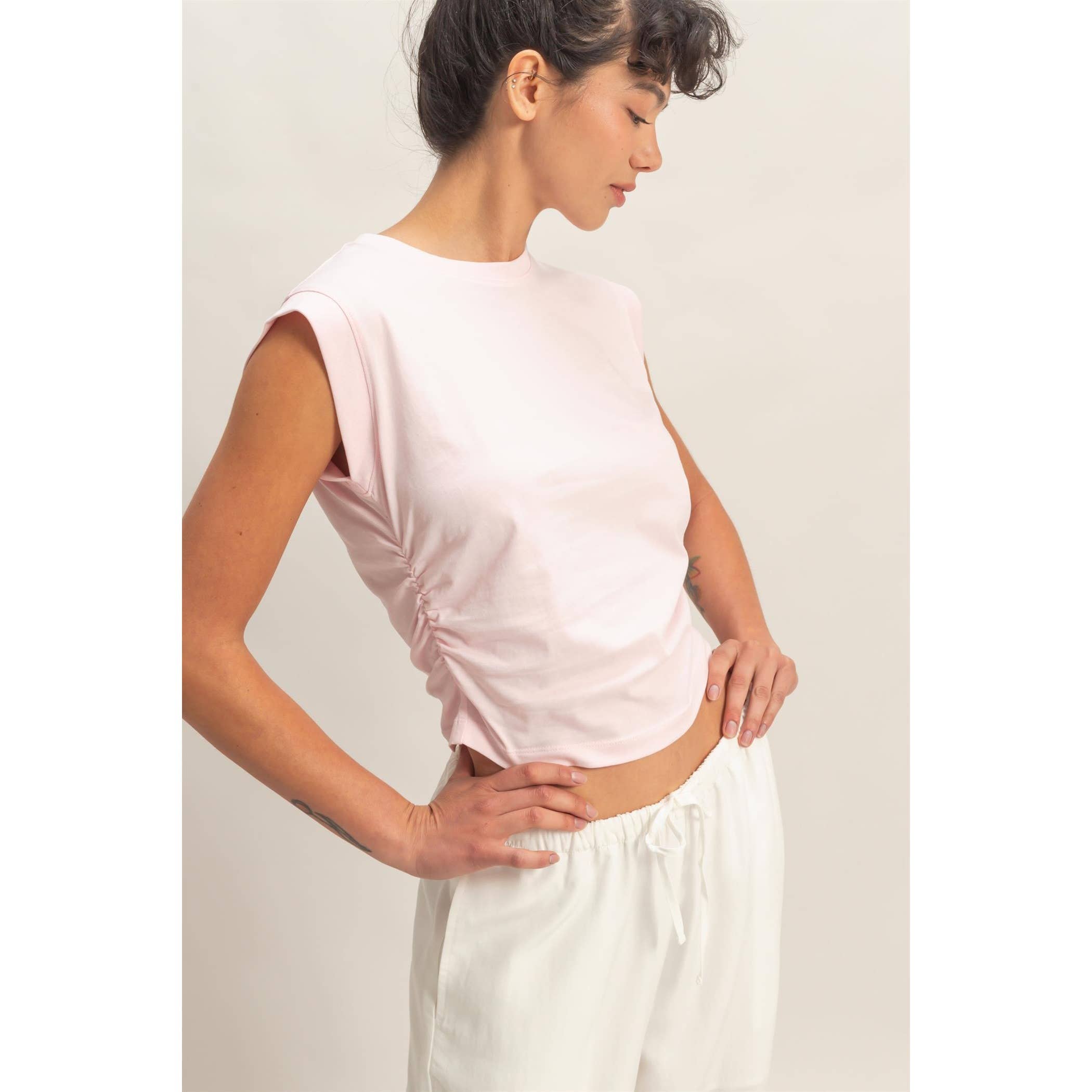Ruched Waist Sleeveless Cotton Top