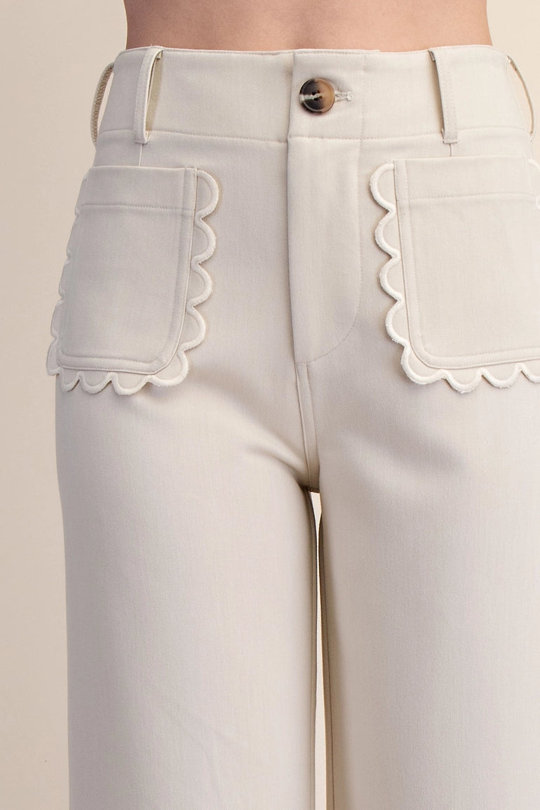 Colette Wide-Leg Scallop Pocket Pants - Cream