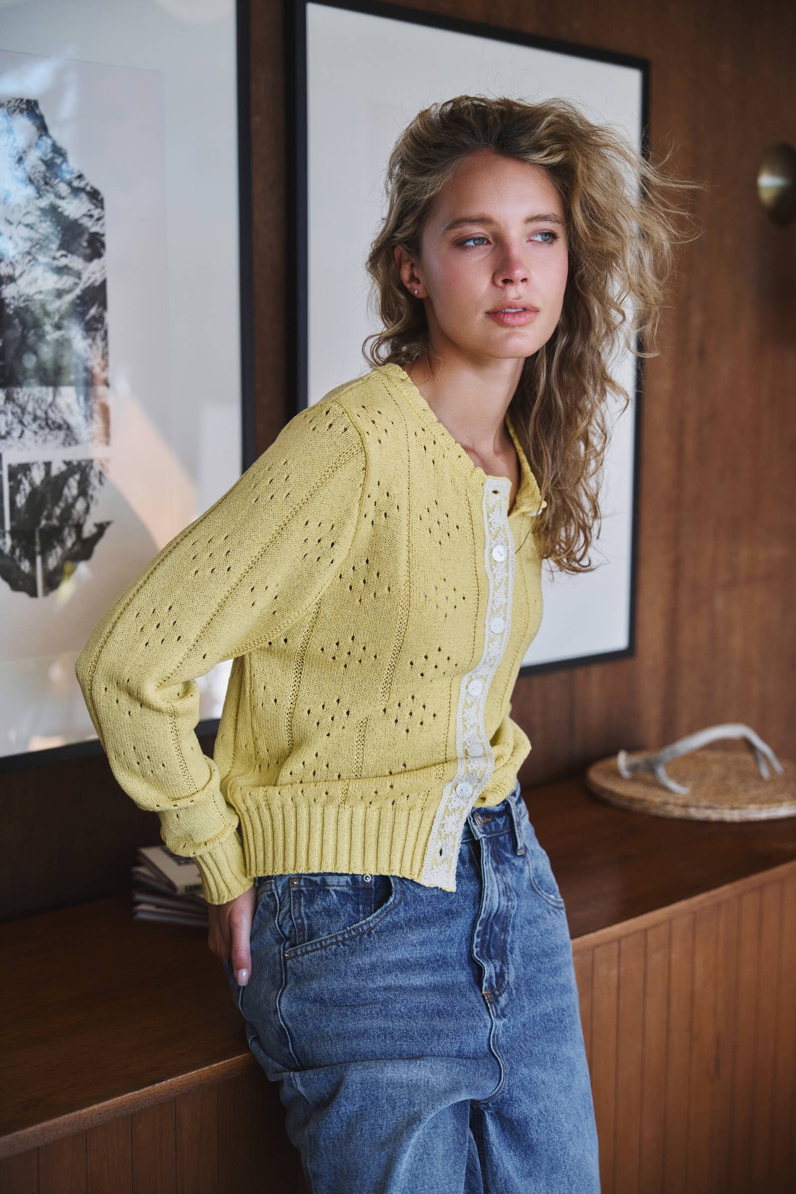 Pointelle Knit Cardigan with Lace Trim