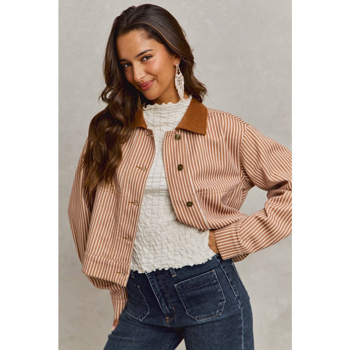 Stripe Twill Button Down Corduroy Collar Jacket