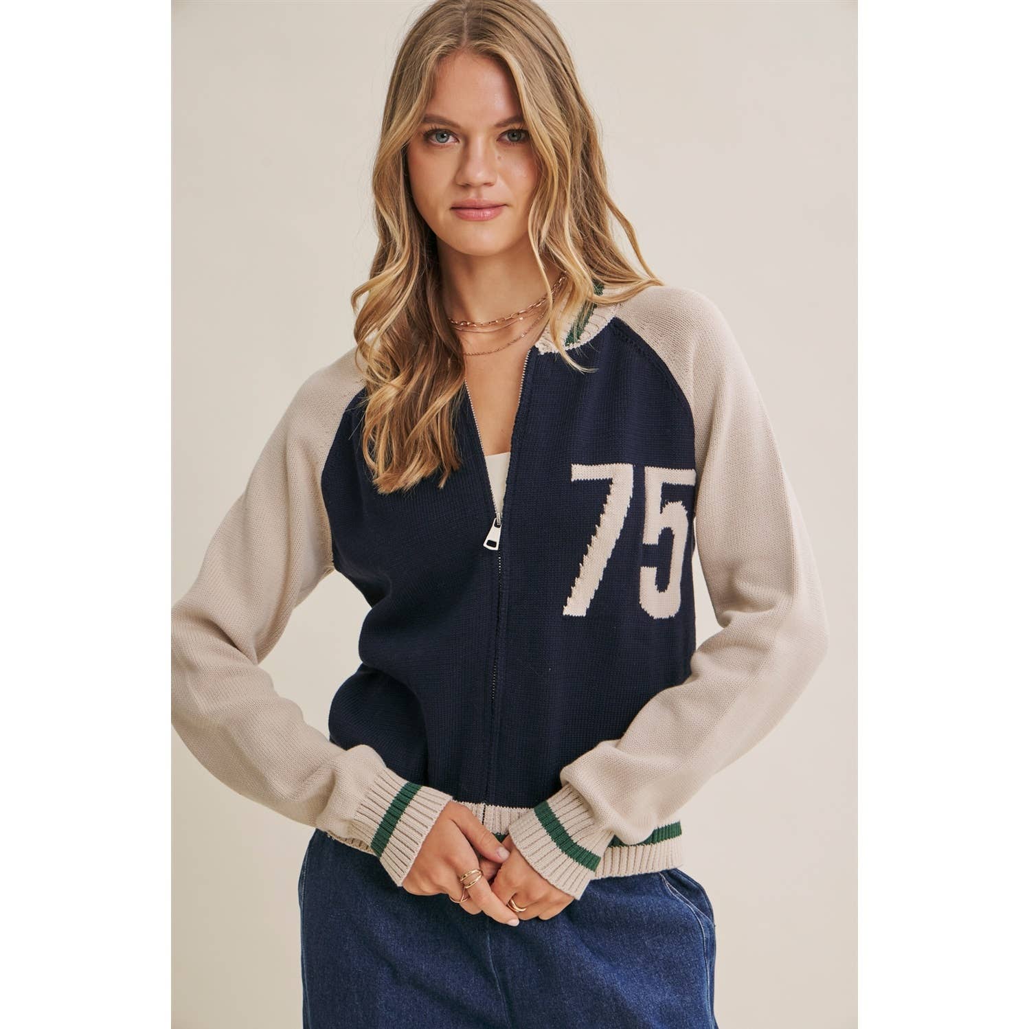 Varsity Collegiate Zip Front Cotton Sweater Bomber Jacket
