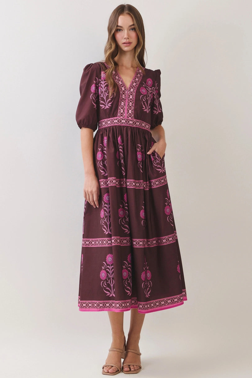 Floral Border Print Midi Dress