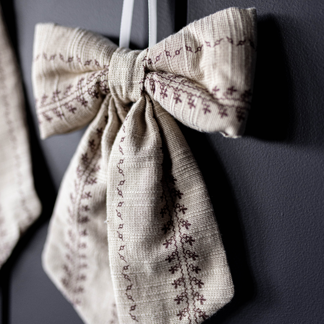 Beige Stripe Embroidered Fabric Bow