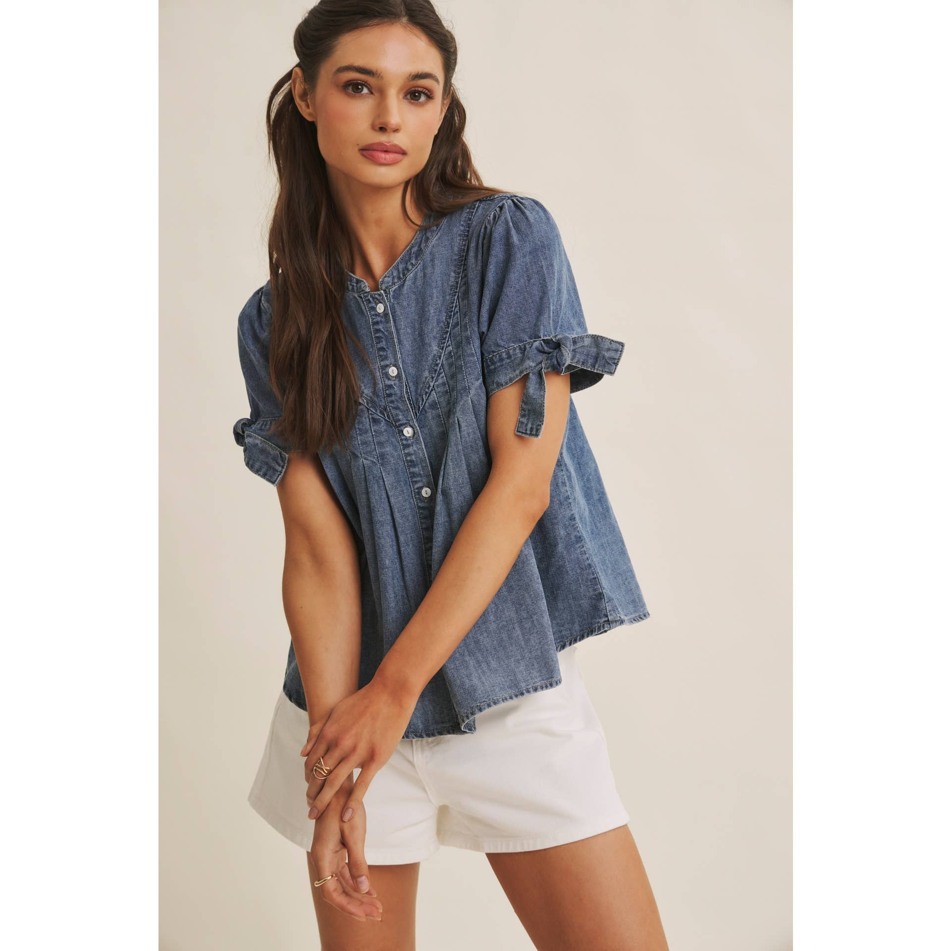 Mineral-Washed Denim Pintuck Shirt