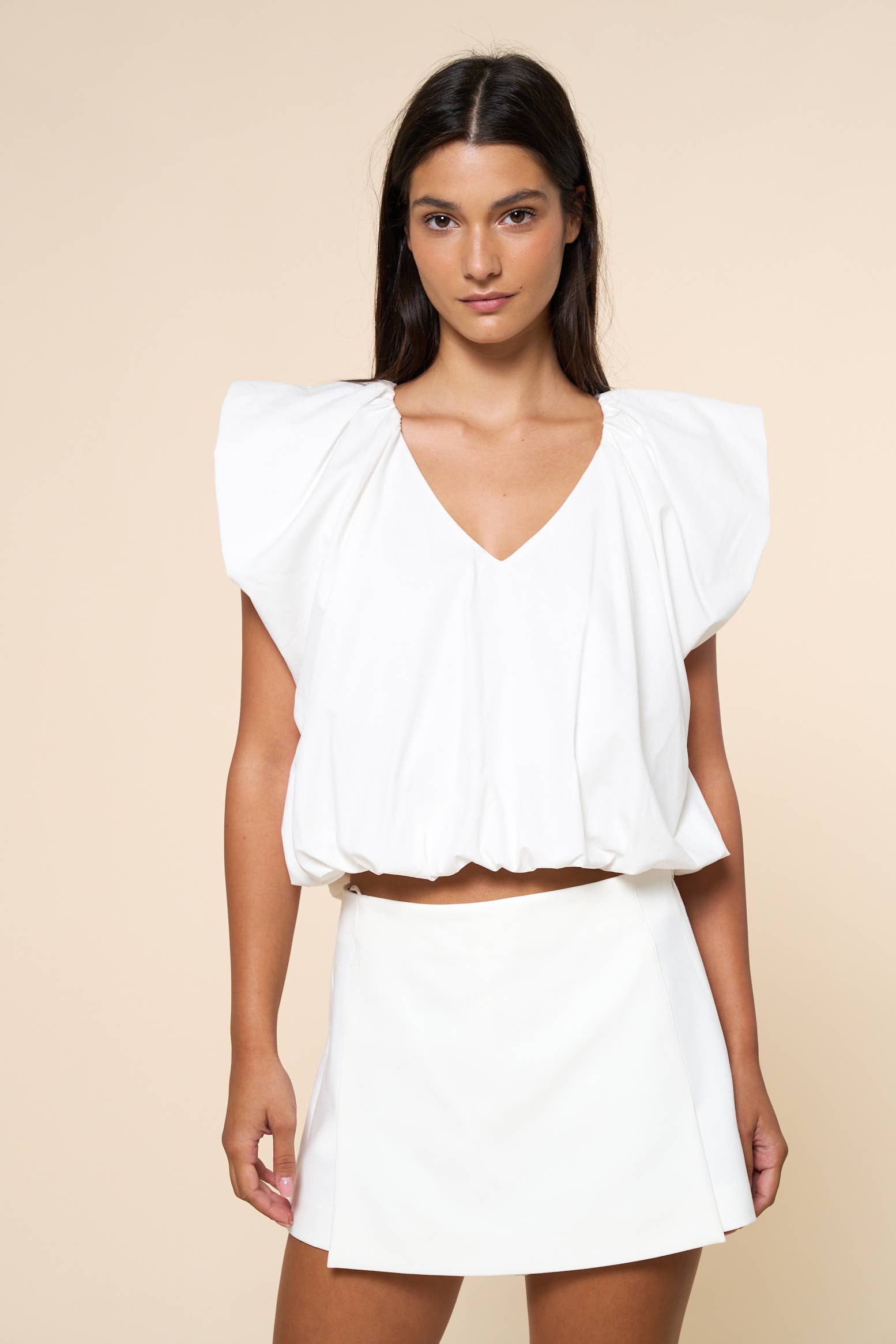White Cap Sleeve V Neck Top With Bubble Hem