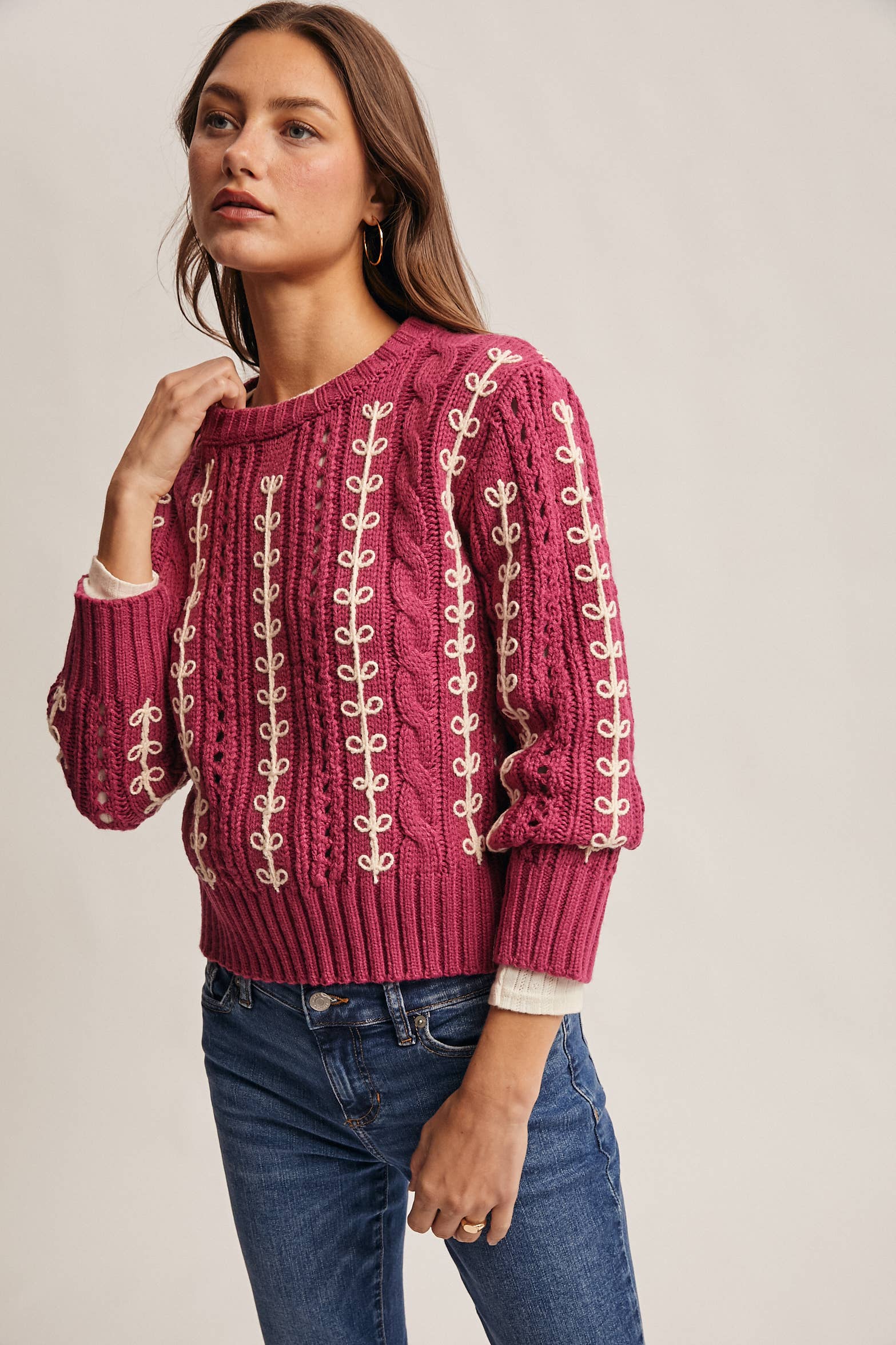 Embroidered Cable Knit Pullover
