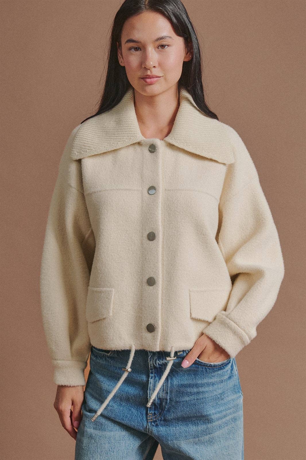 Sweater Knit Jacket with Detachable Collar