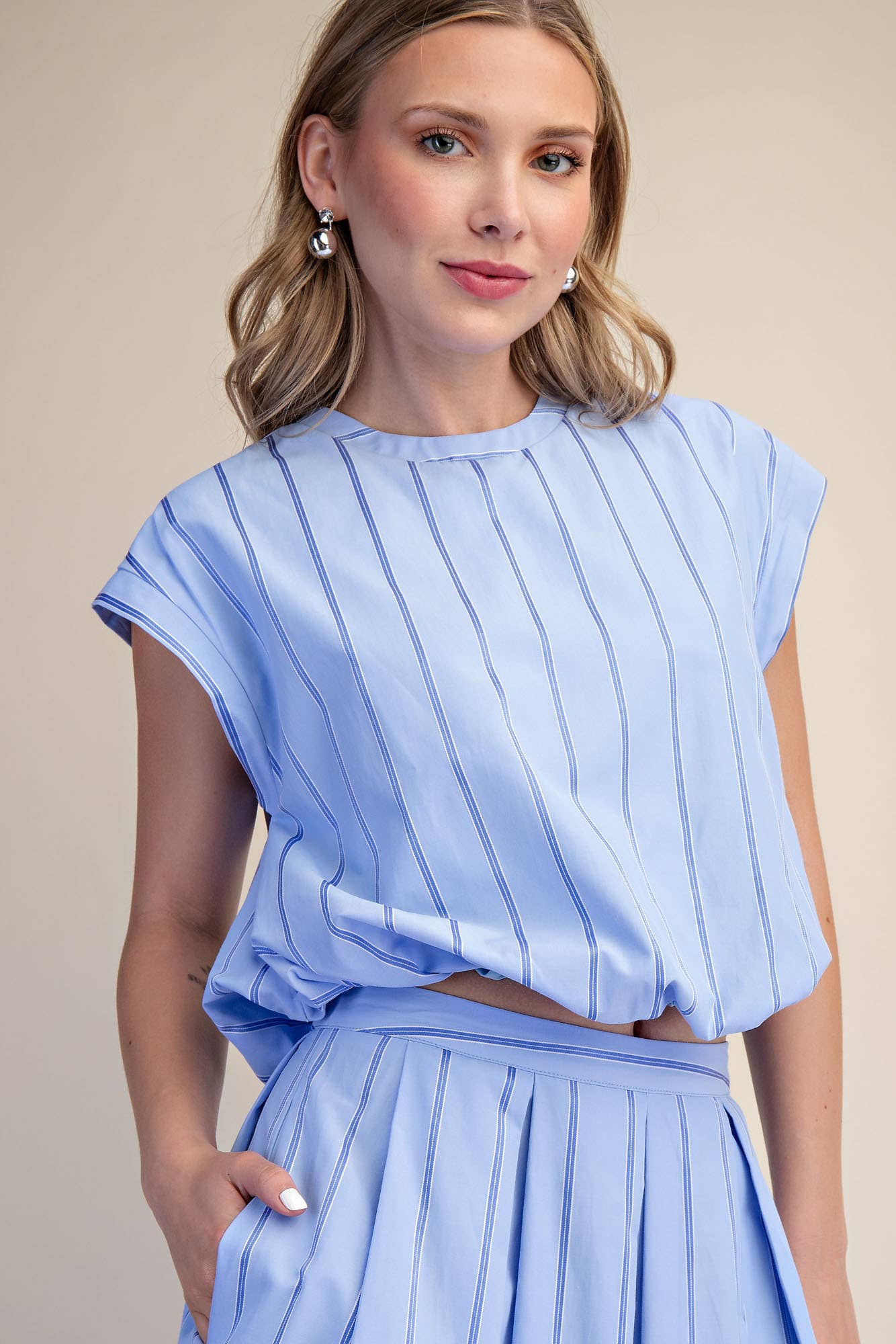Round Neck Bubble Hem Stripe Crop Top