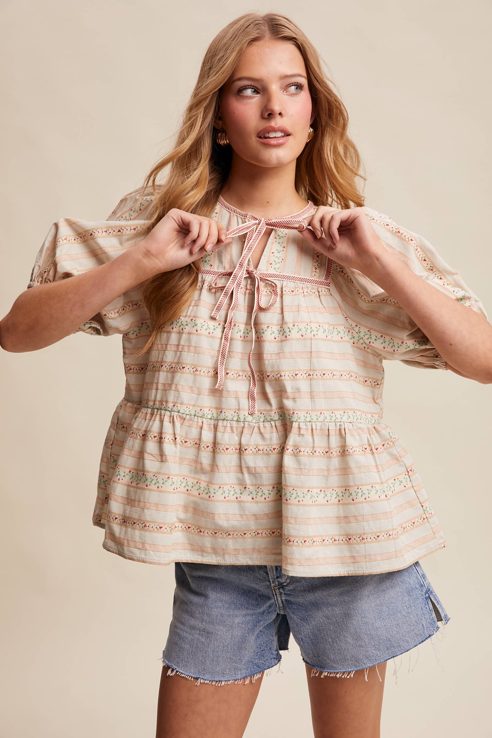 Floral Lace Trim Peasant Blouse