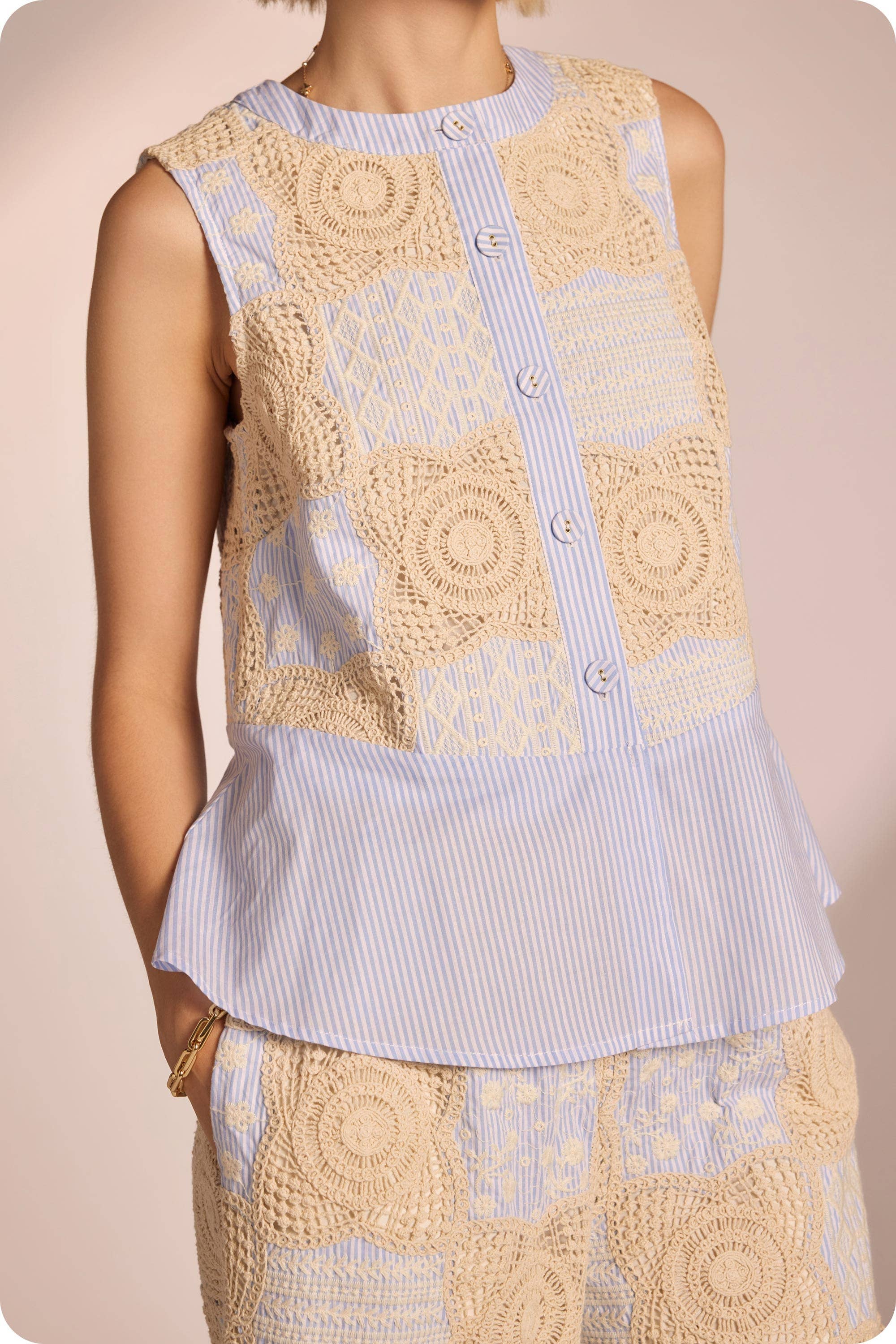 Floral Crochet Stripe Patchwork Button Down Top