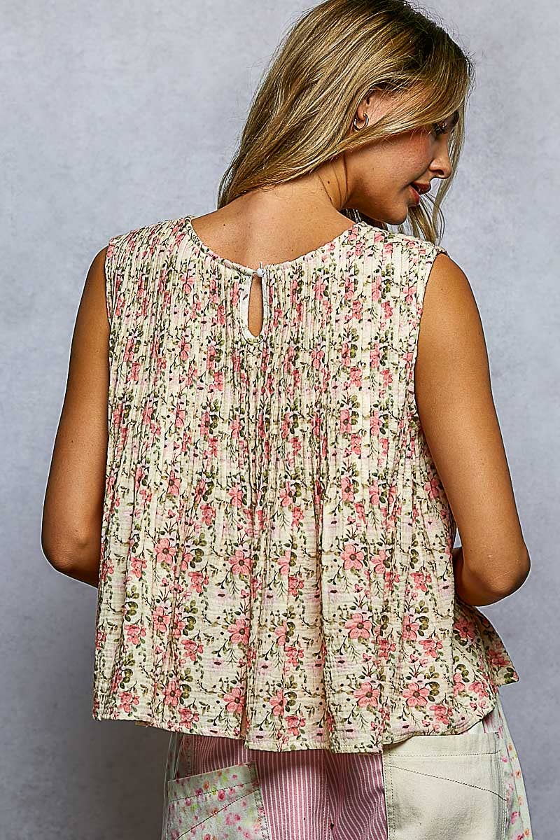 Pintuck Floral Sleeveless Top