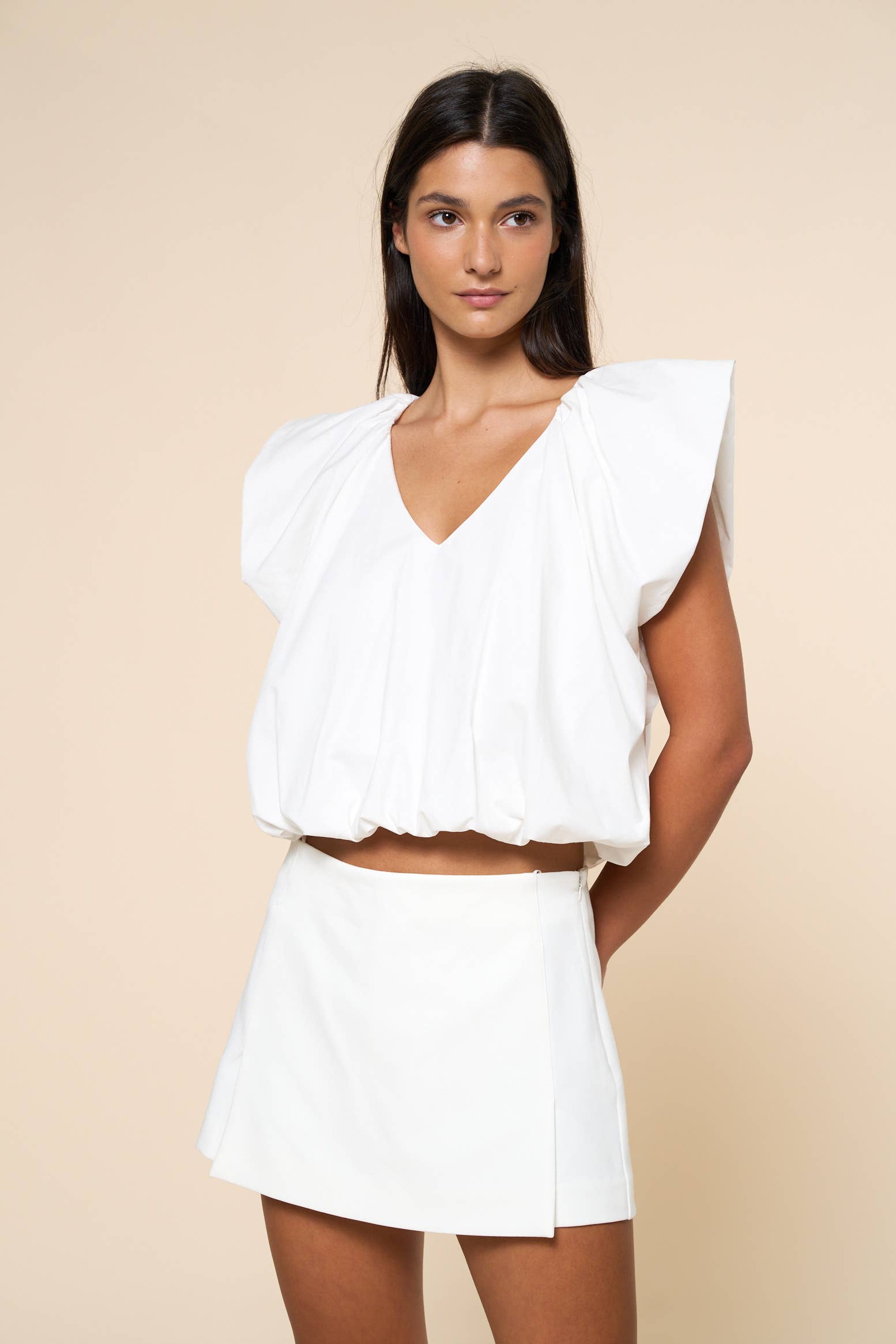 White Cap Sleeve V Neck Top With Bubble Hem