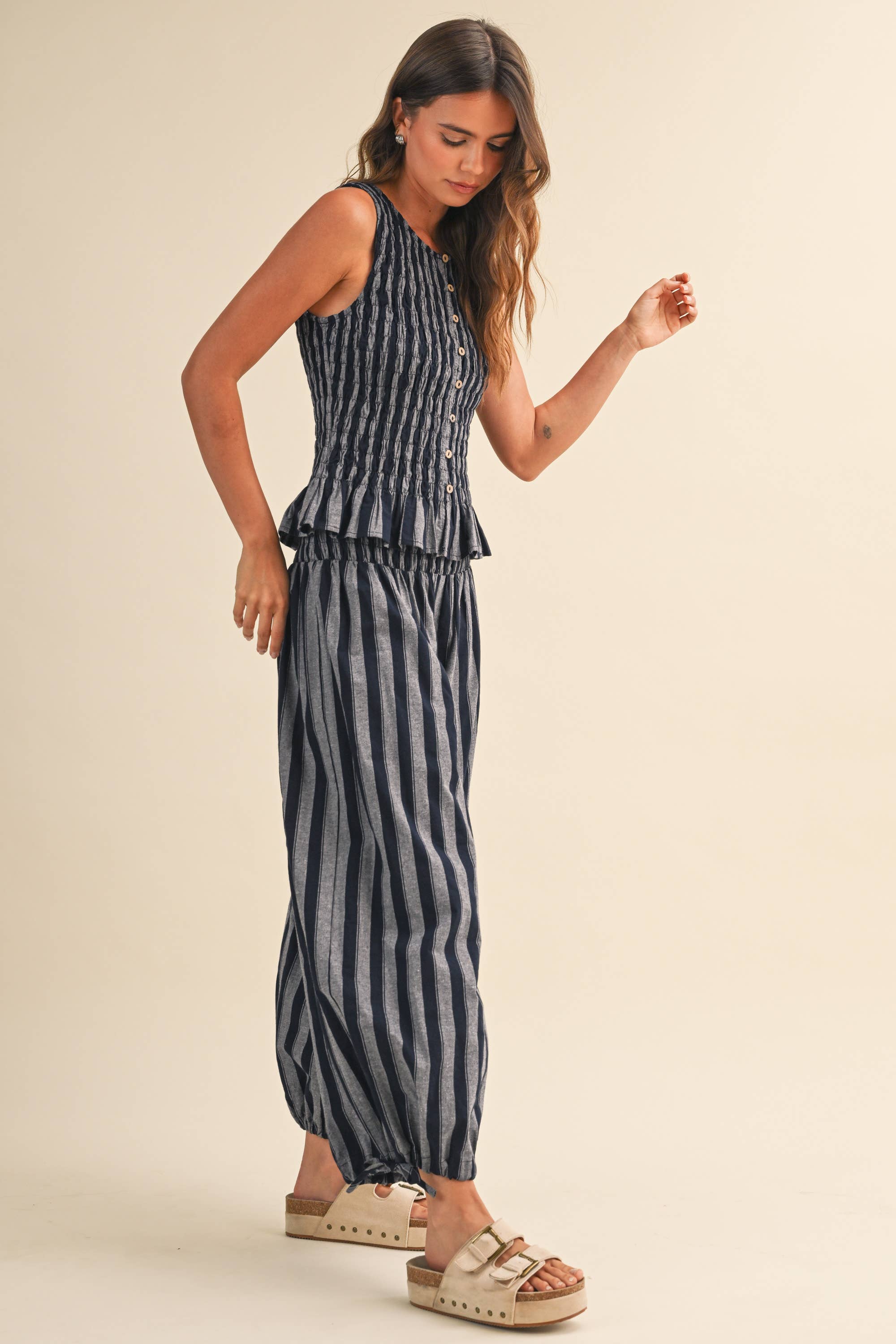 Navy Stripe Smocked Ruffle Top and Pants Set
