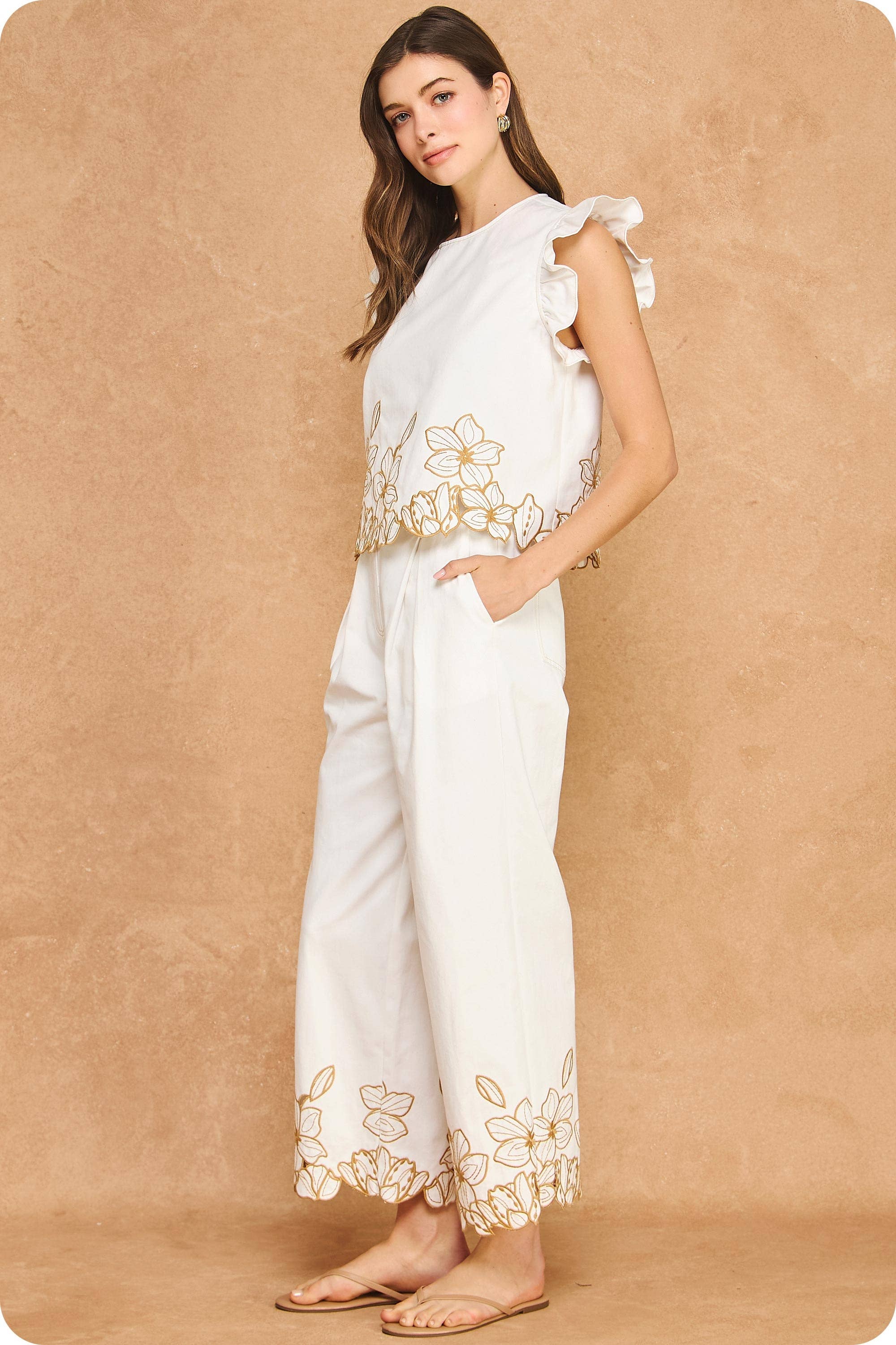 Floral Cut-Out Embroidery Twill Ruffle Top
