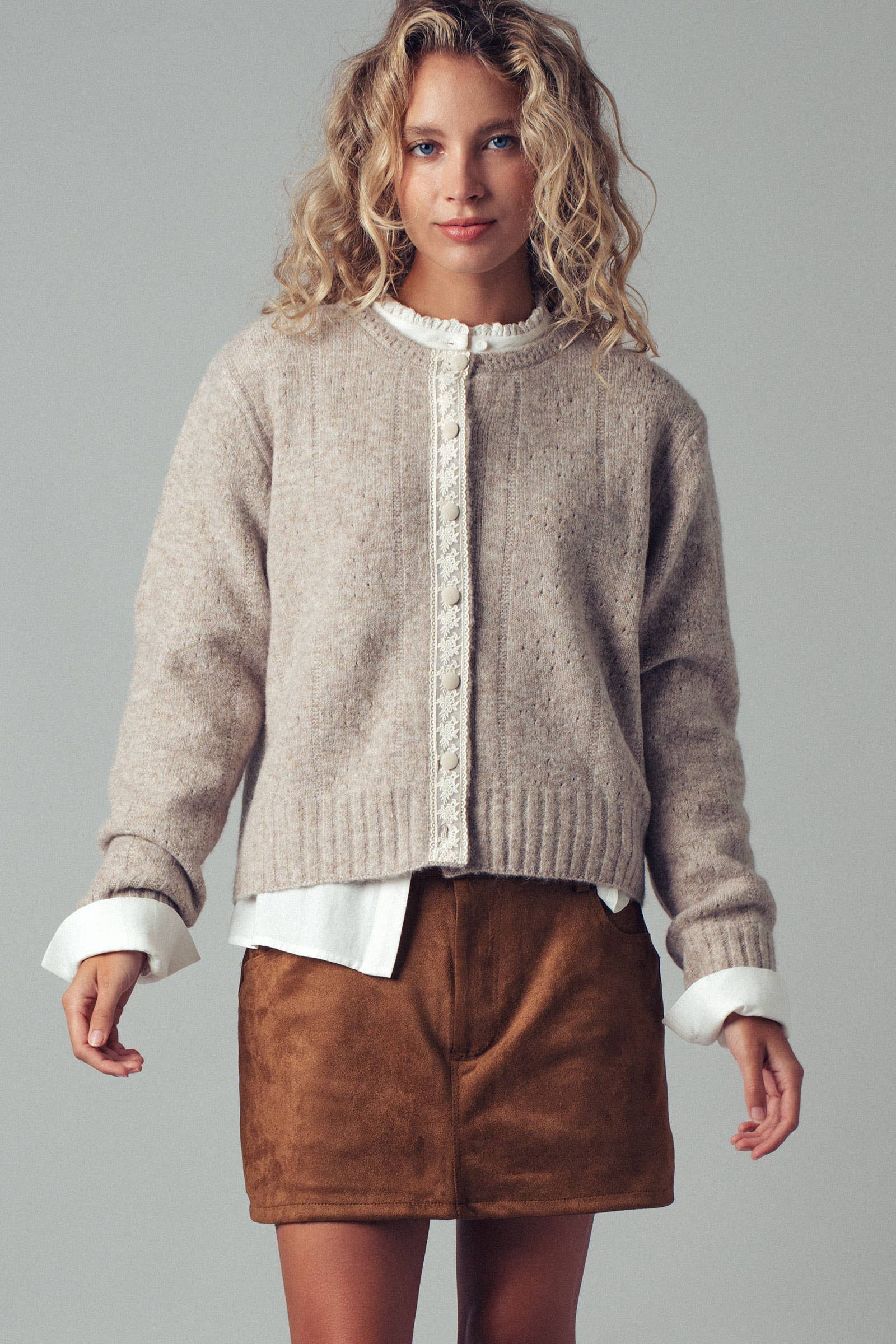 Lace Trim Wool Blend Cardigan