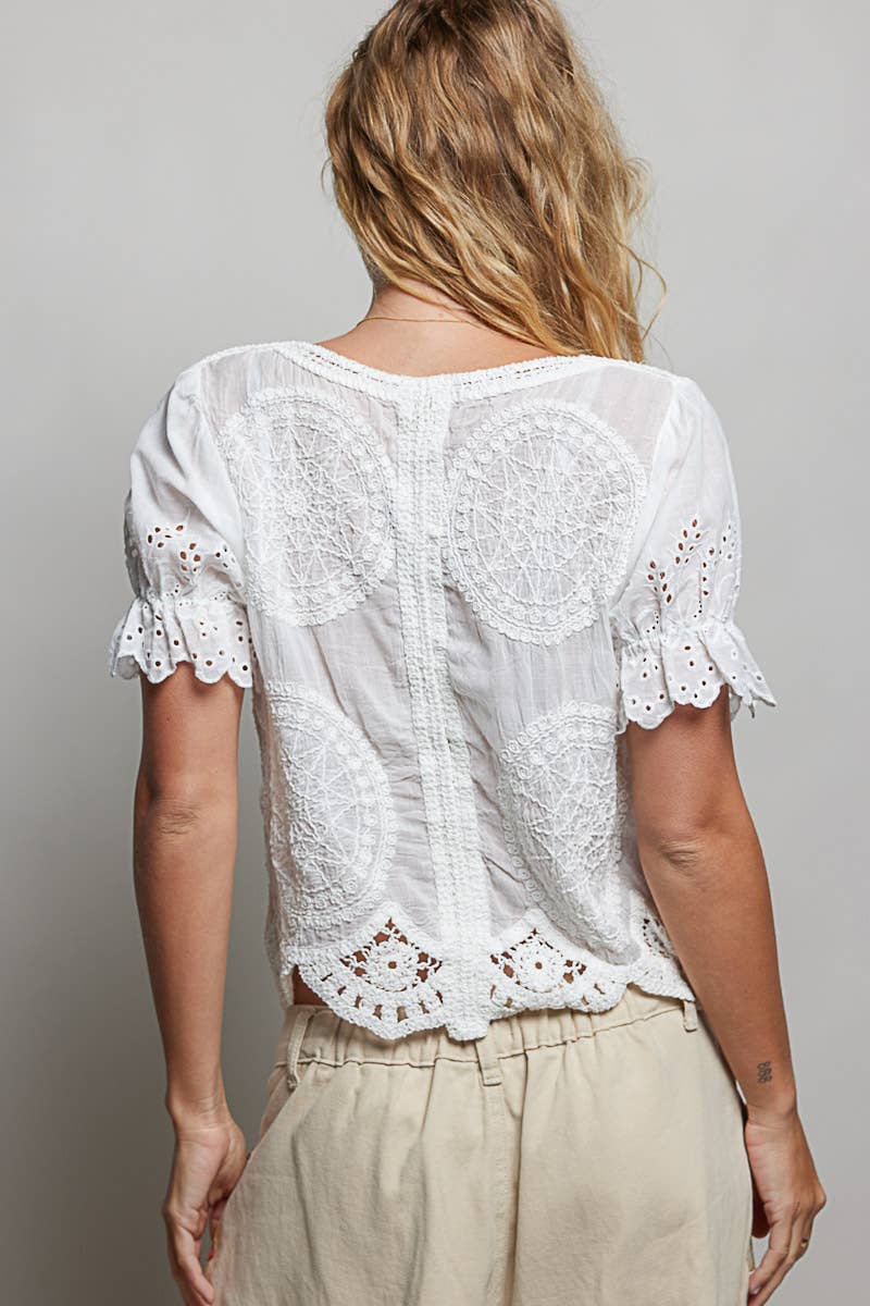 Short Sleeve Button Closure Crochet Top