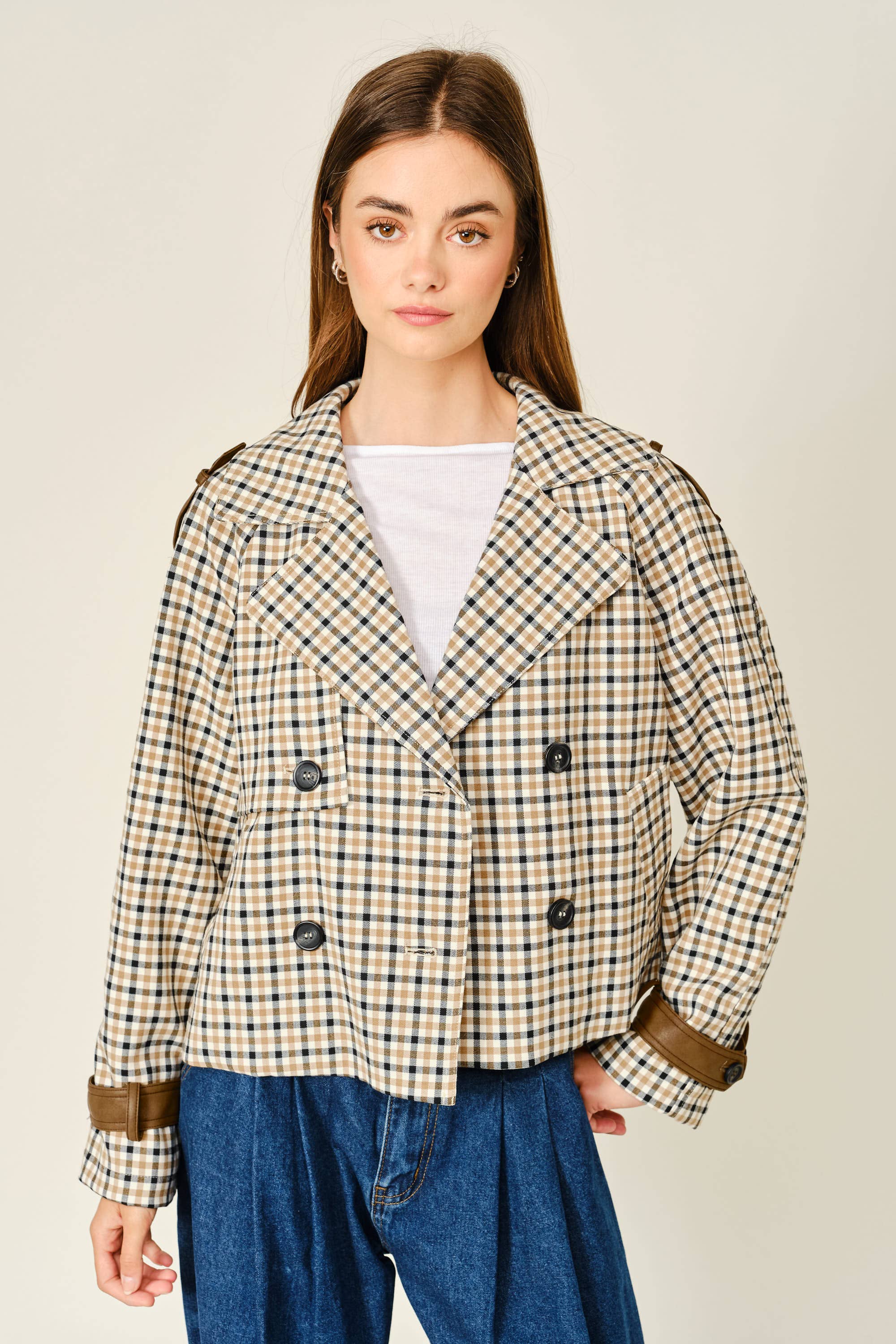 Oxford Plaid Short Trench Jacket