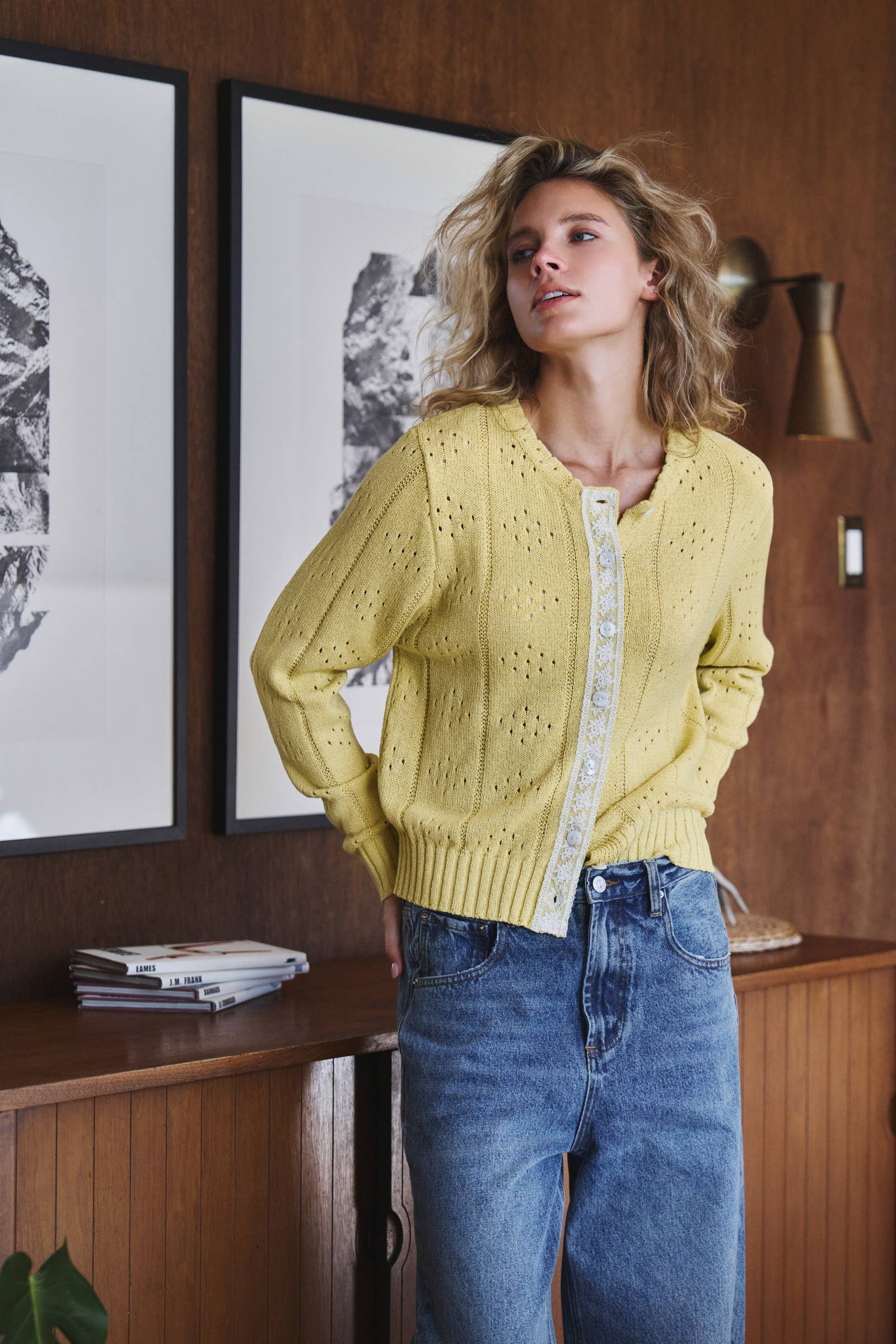 Pointelle Knit Cardigan with Lace Trim