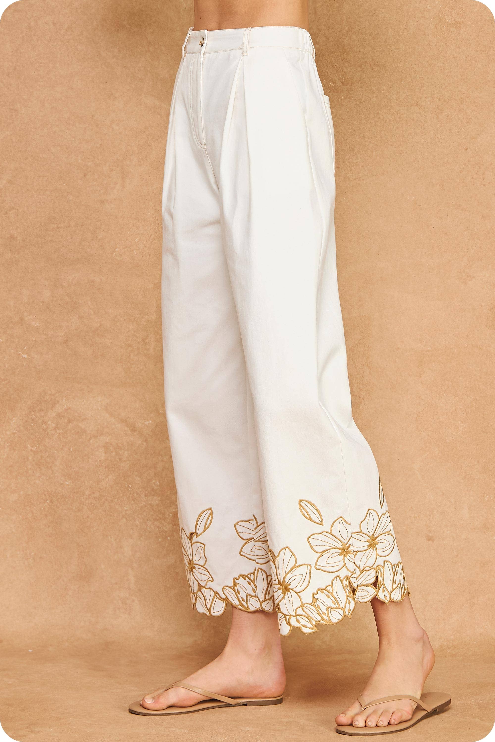 Floral Cut-Out Embroidery Twill Pants