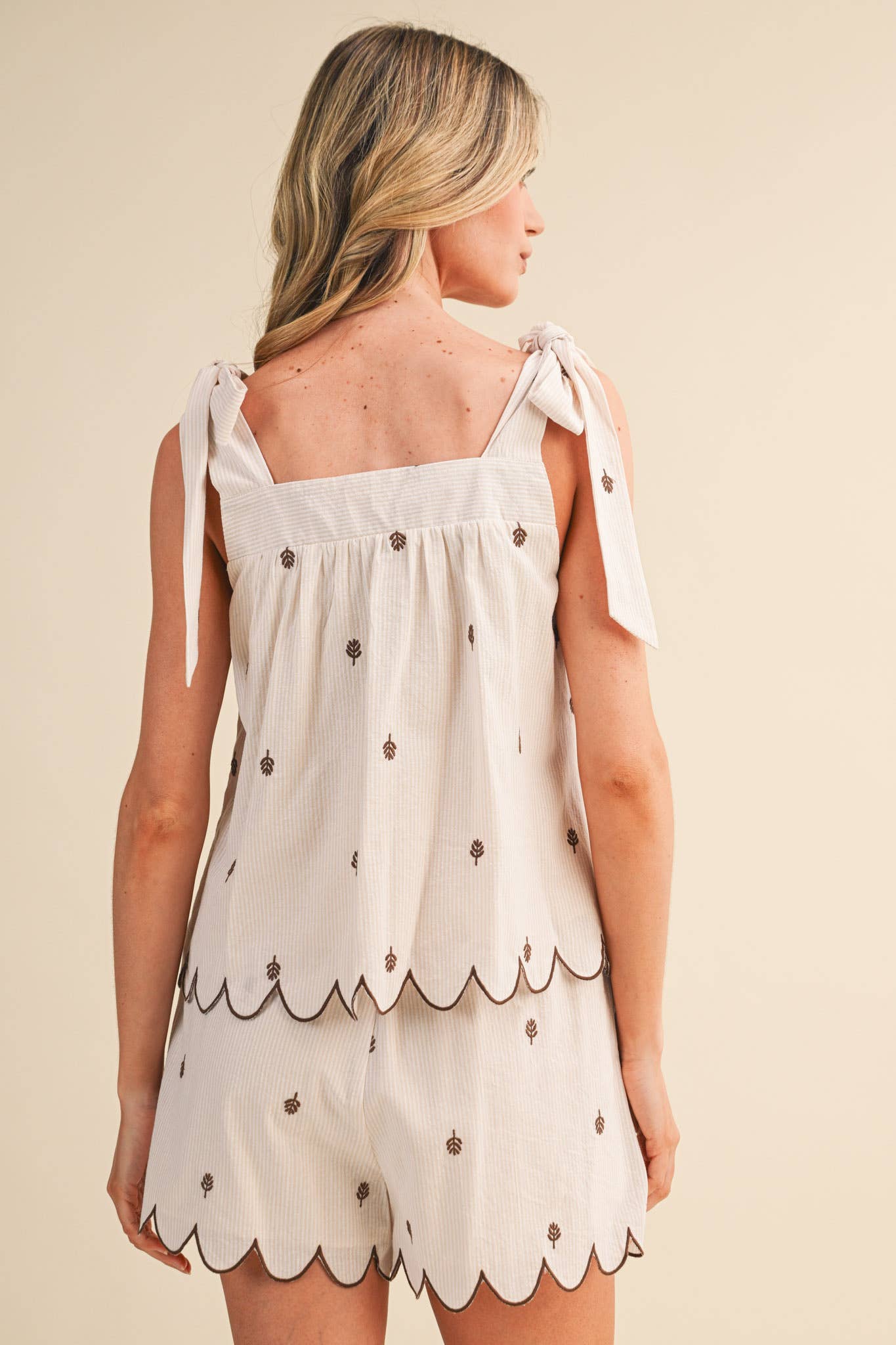 Leaf Embroidery Striped Tank and Shorts Set