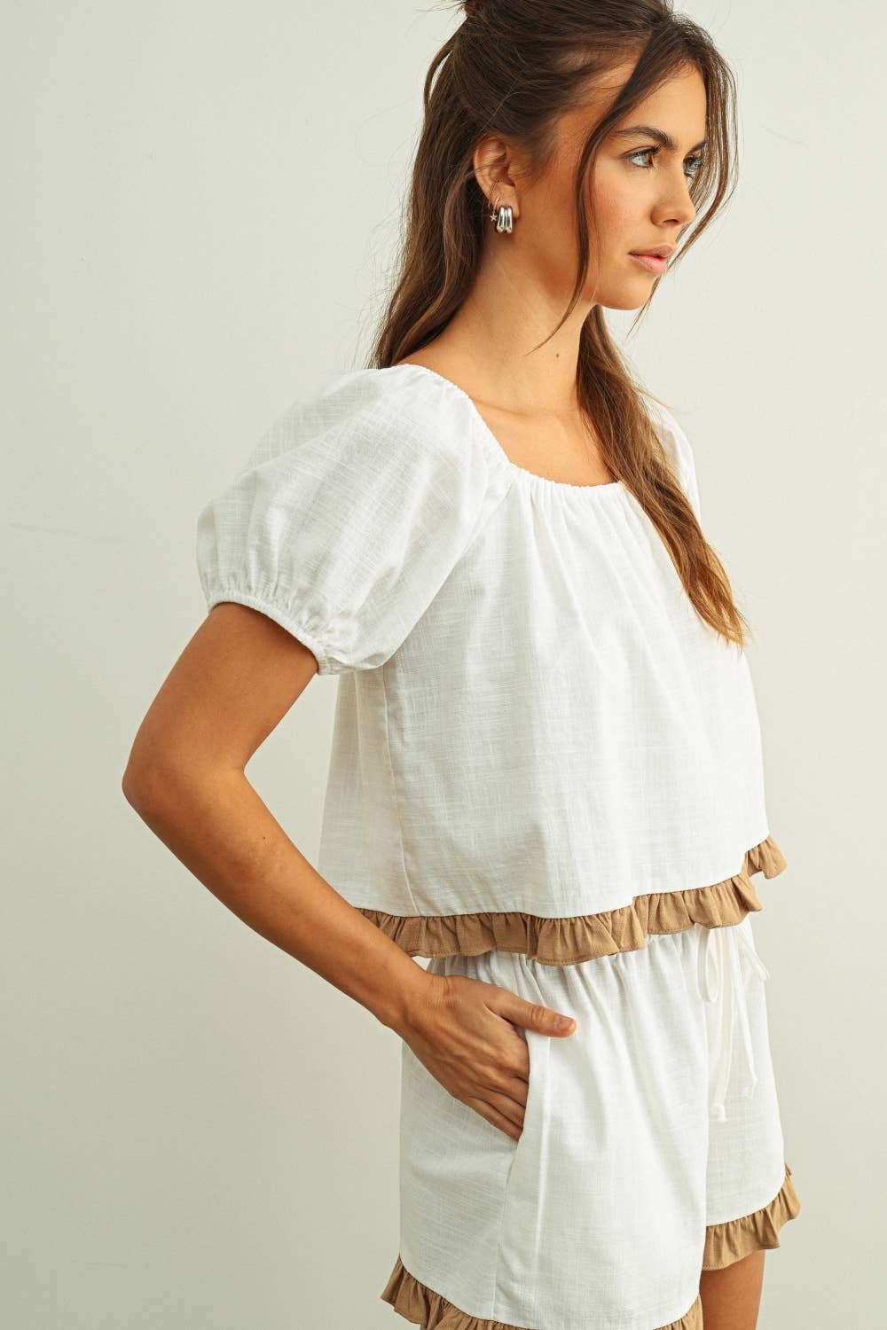 Square Neck Ruffled Hem Short Sleeve Linen Top