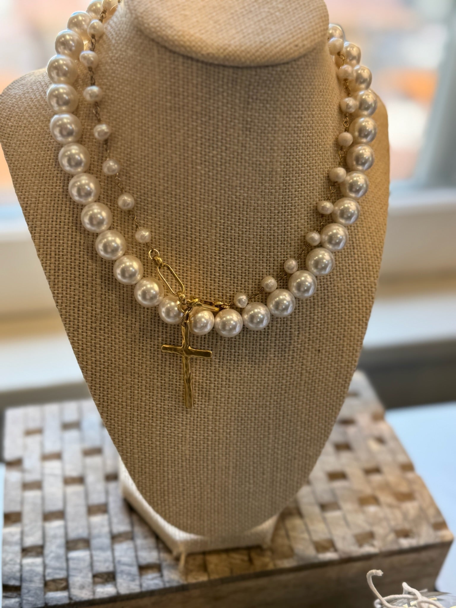 Full Pearl Long Cross Necklace