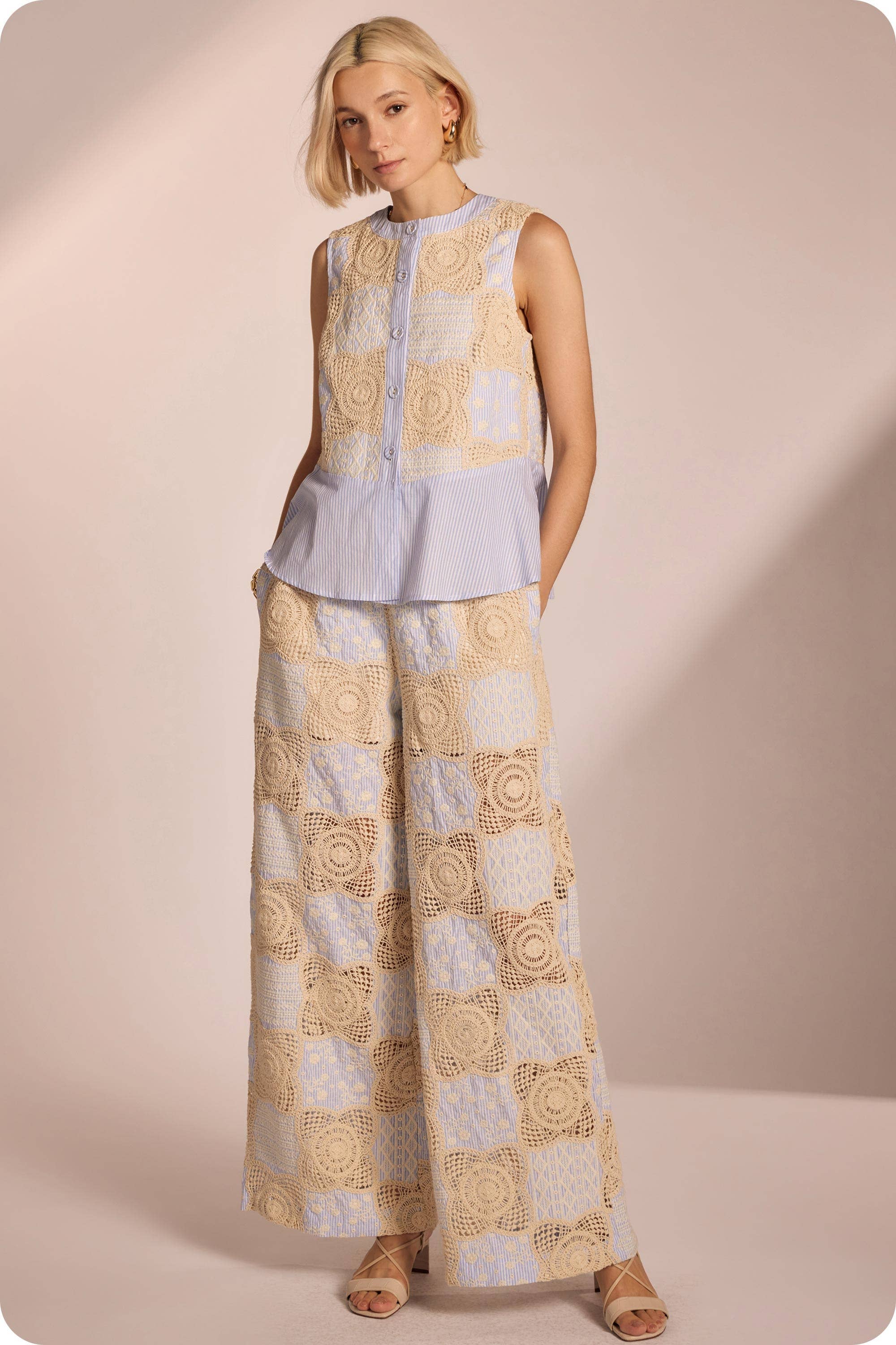 Crochet Striped Pleated Detail Wide-Leg Pants