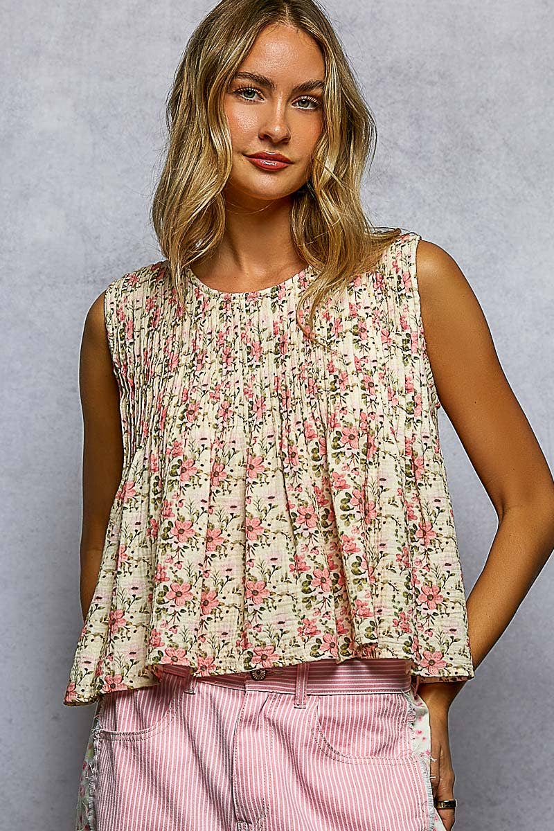 Pintuck Floral Sleeveless Top