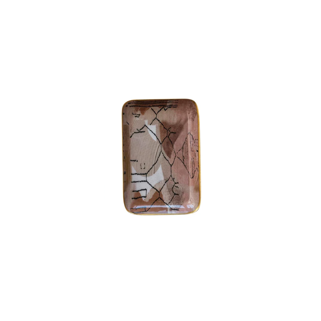 Neutral Enameled Gold Rim Tray