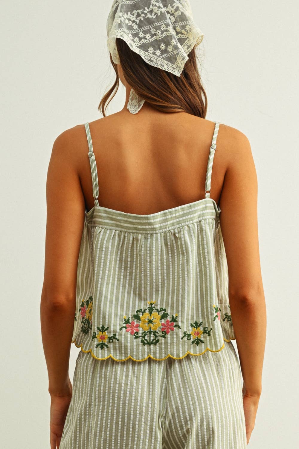 Green Stripe and Floral Embroidery Top