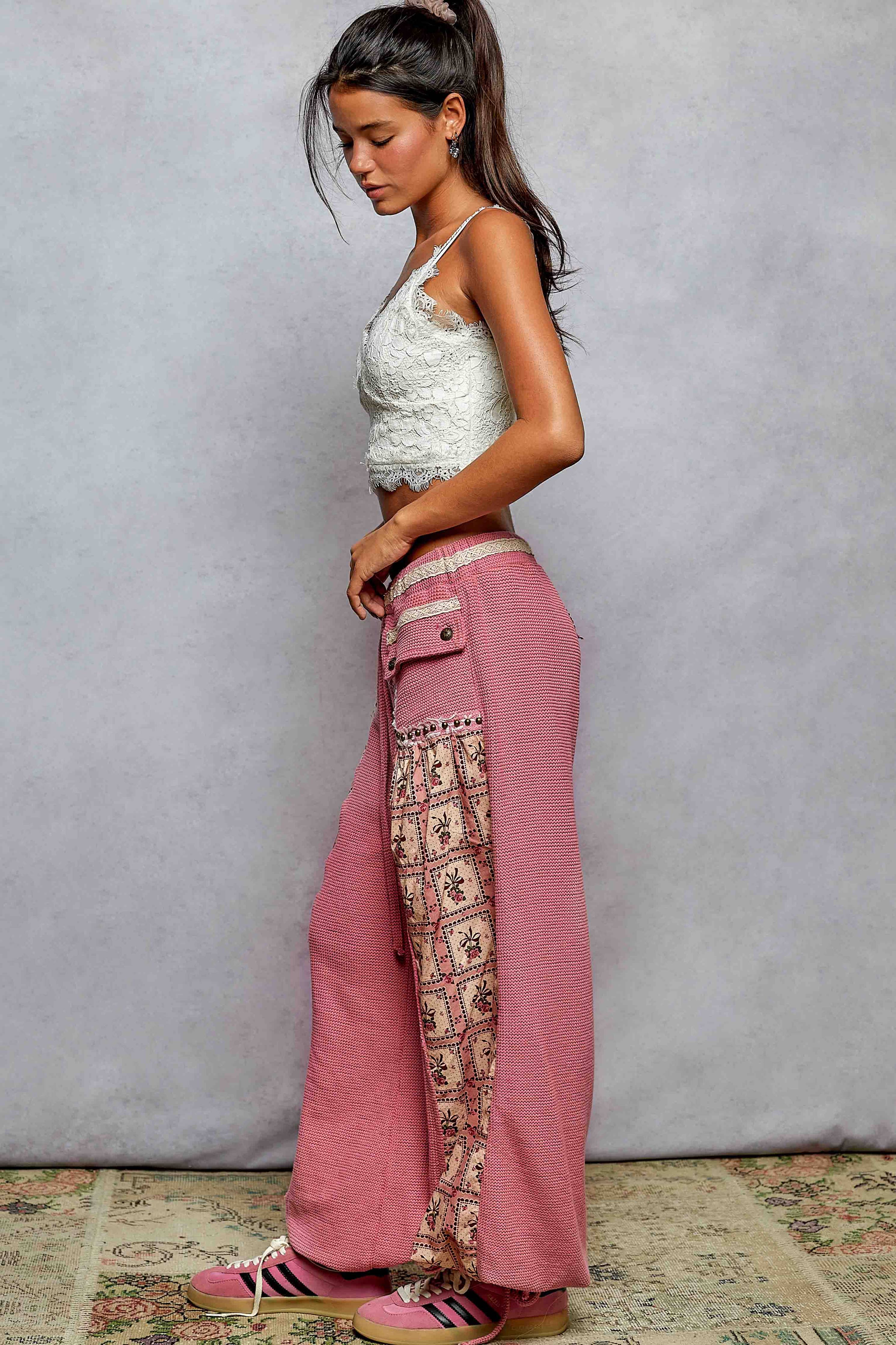 Pink Patchwork Drawstring Jogger Pant