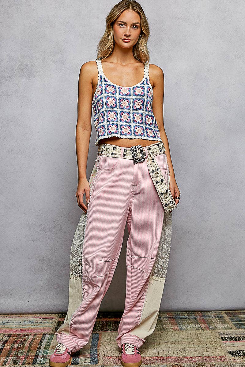 Pink Stripe Lace Trim Barrel Fit Denim Pants