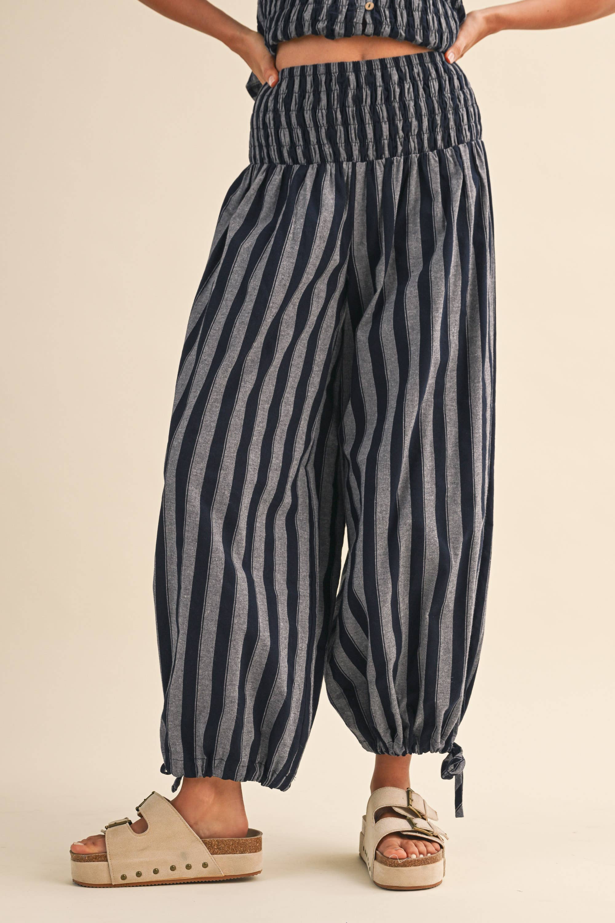 Navy Stripe Smocked Ruffle Top and Pants Set