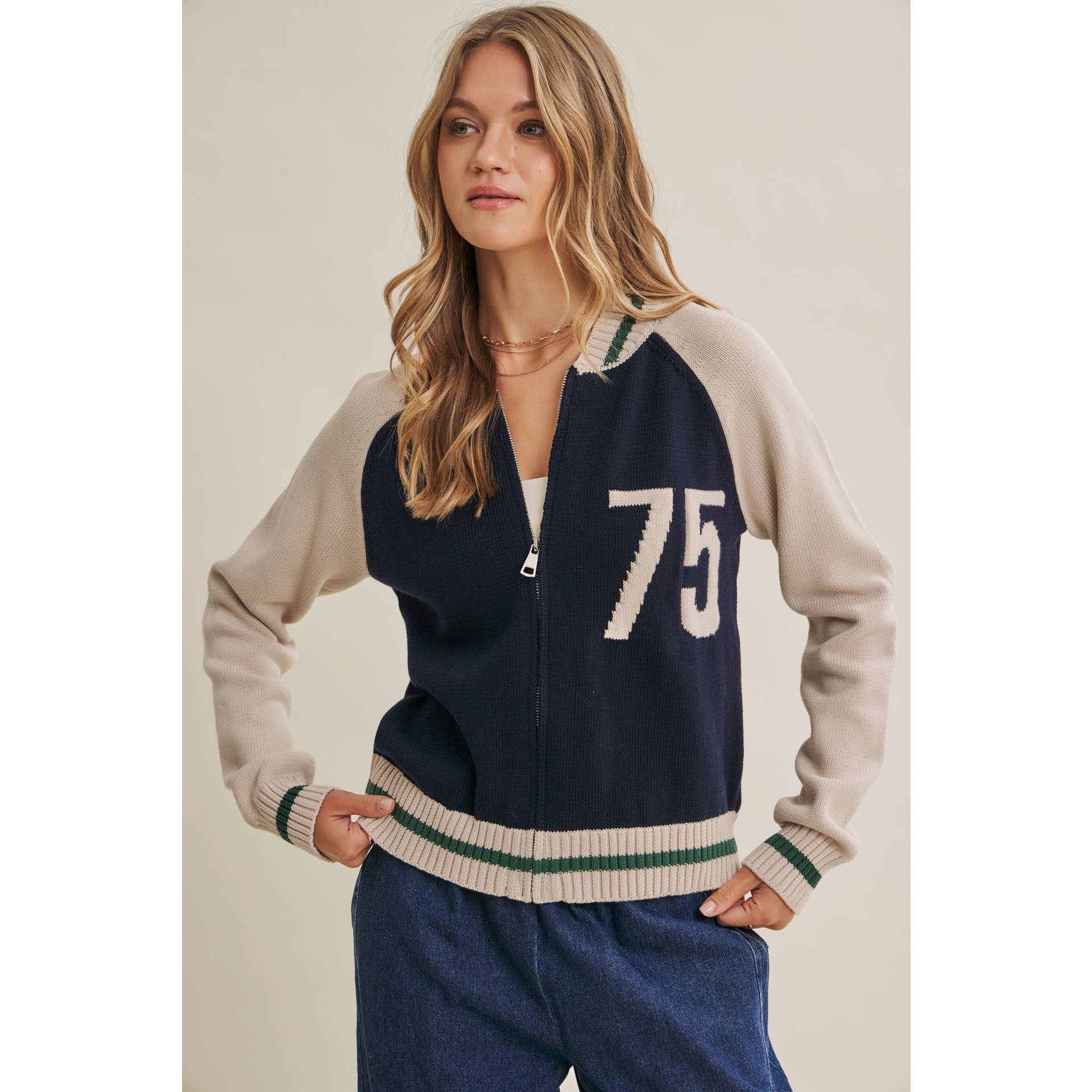 Varsity Collegiate Zip Front Cotton Sweater Bomber Jacket