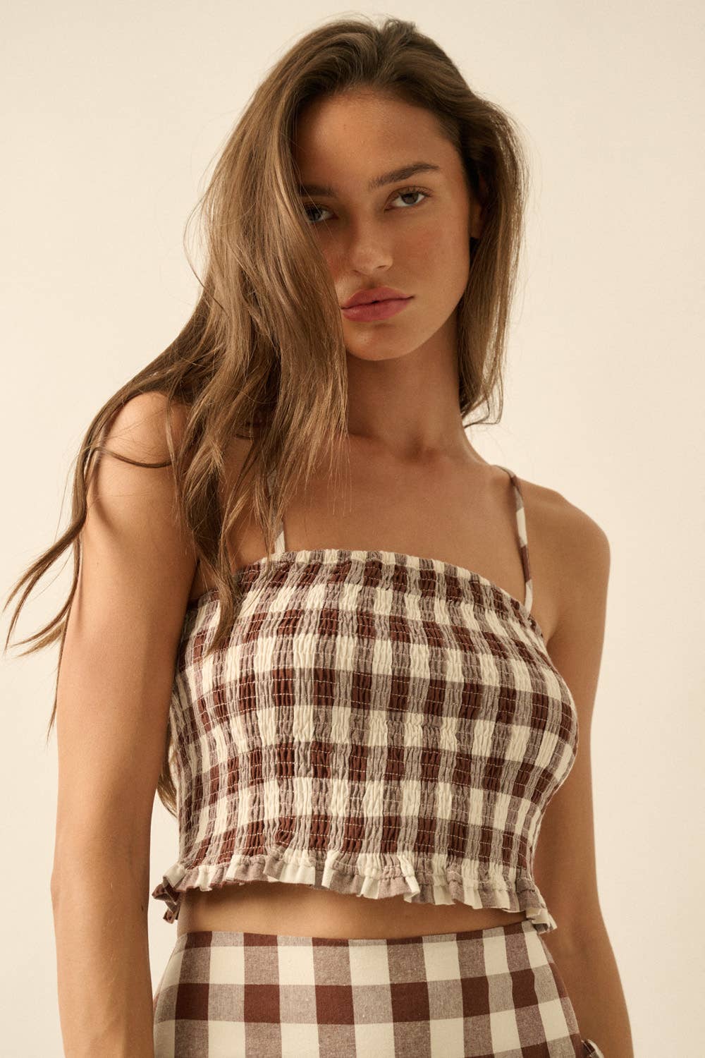 Gingham Plaid Smocked Cropped Ruffle Cami Top