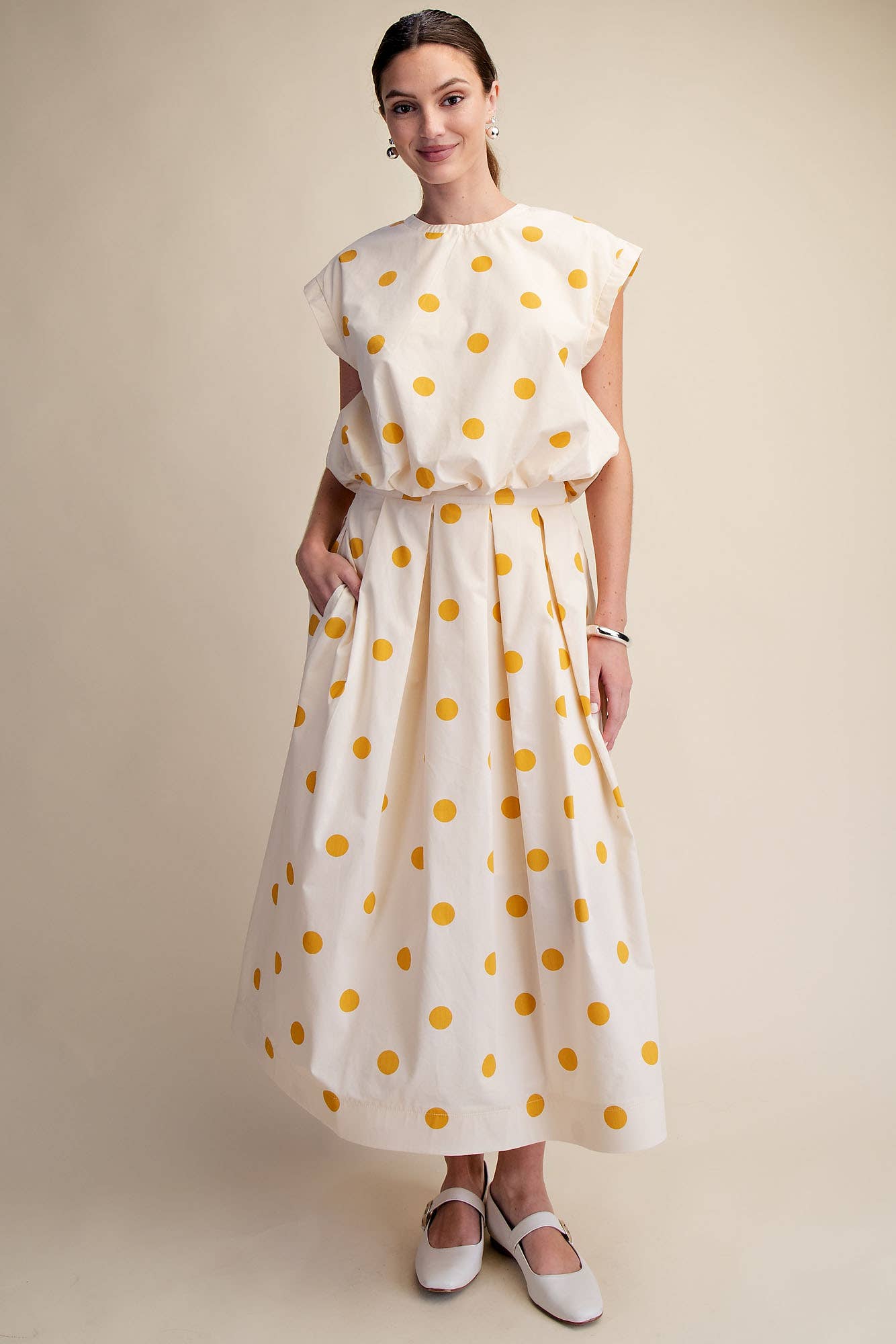Polka Dot Pleated Midi Skirt