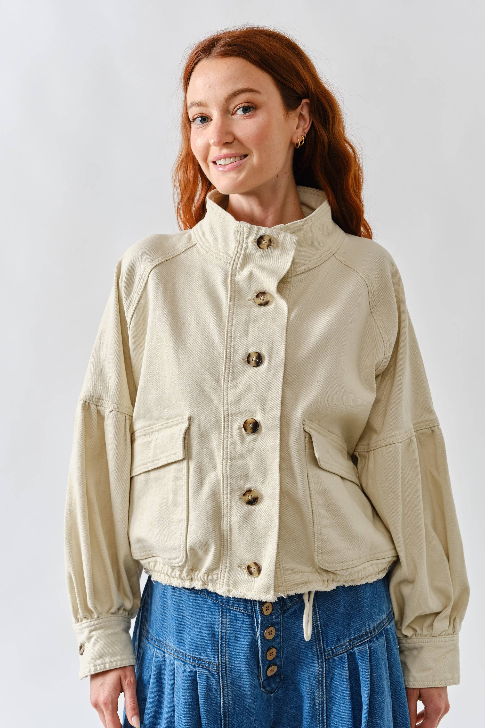 Ballon Sleeve Twill Jacket Drawstring Waist