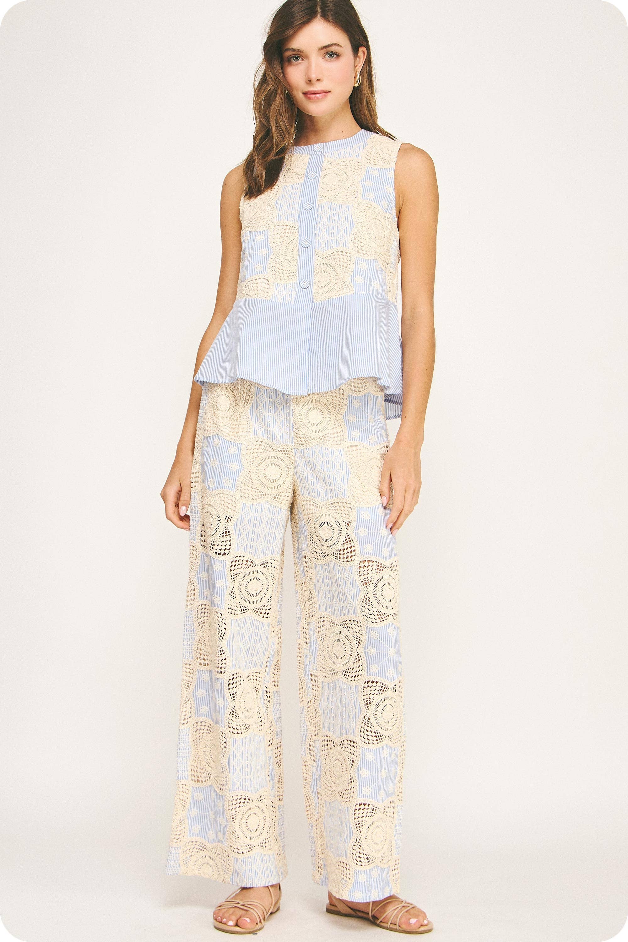 Crochet Striped Pleated Detail Wide-Leg Pants
