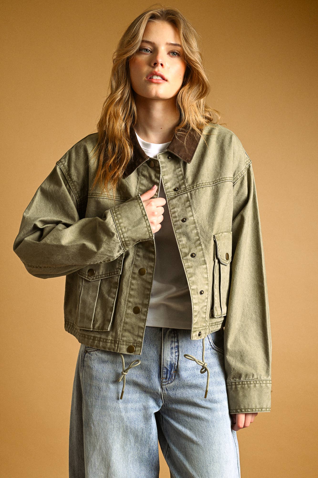 Olive Collar Contrast Utility Jacket