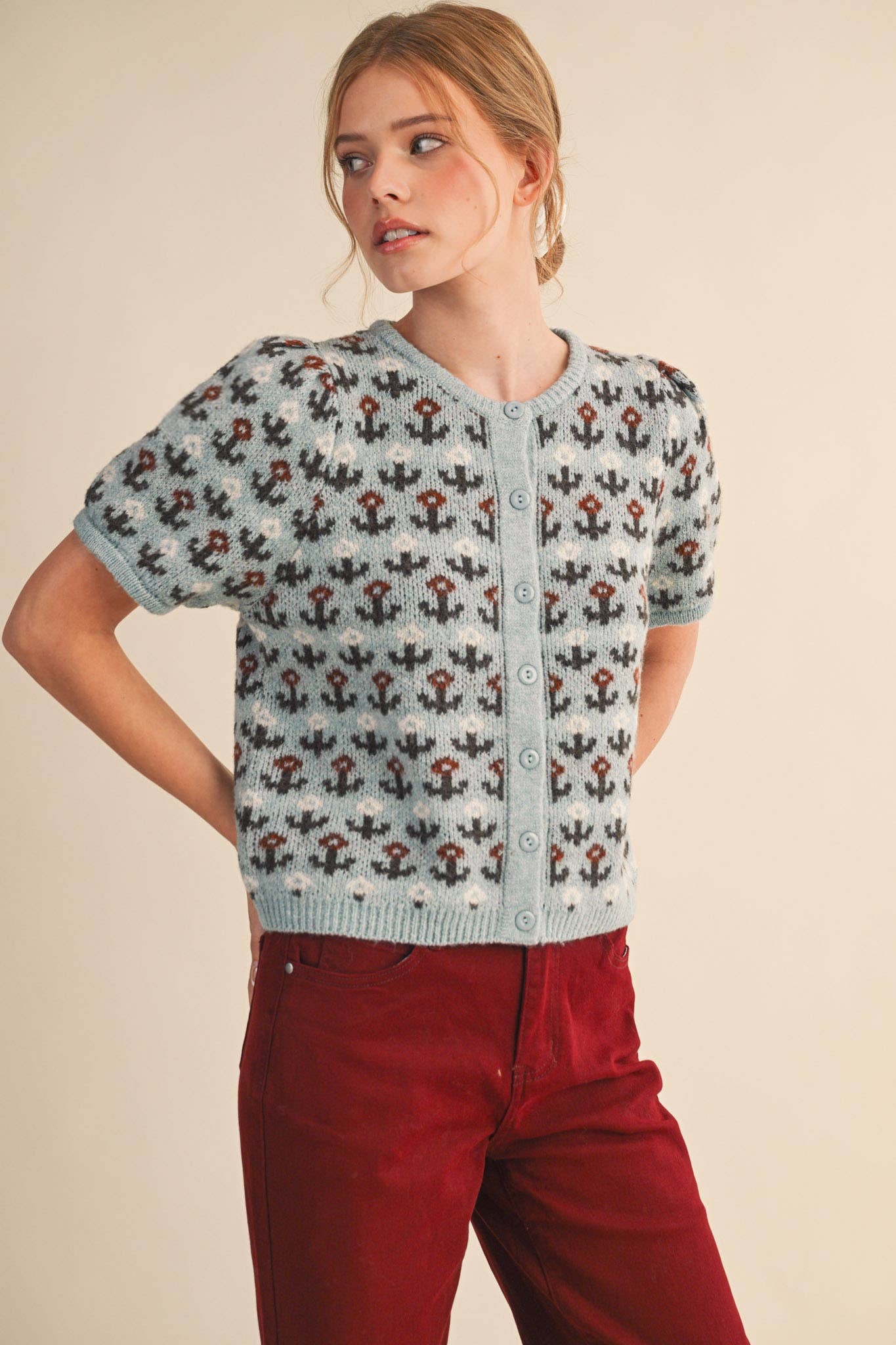 Floral Short Sleeve Sweater Cardigan