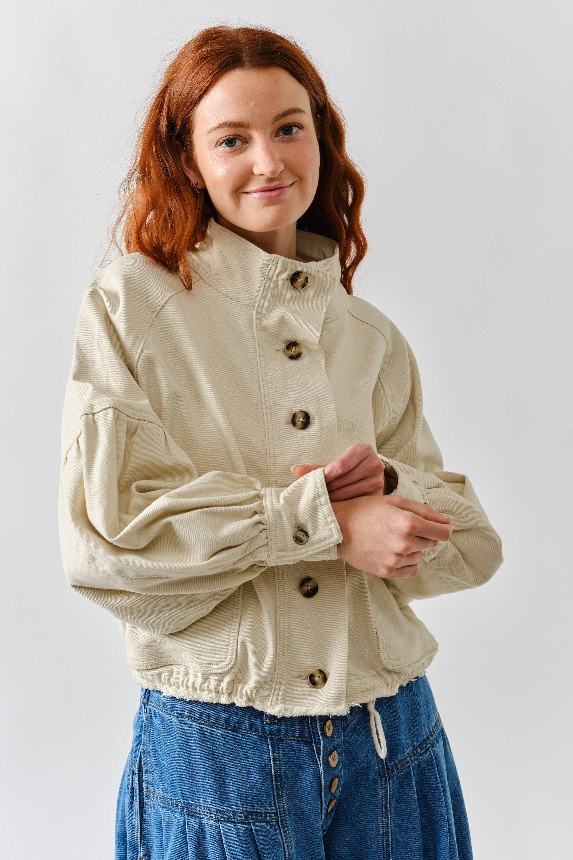 Ballon Sleeve Twill Jacket Drawstring Waist