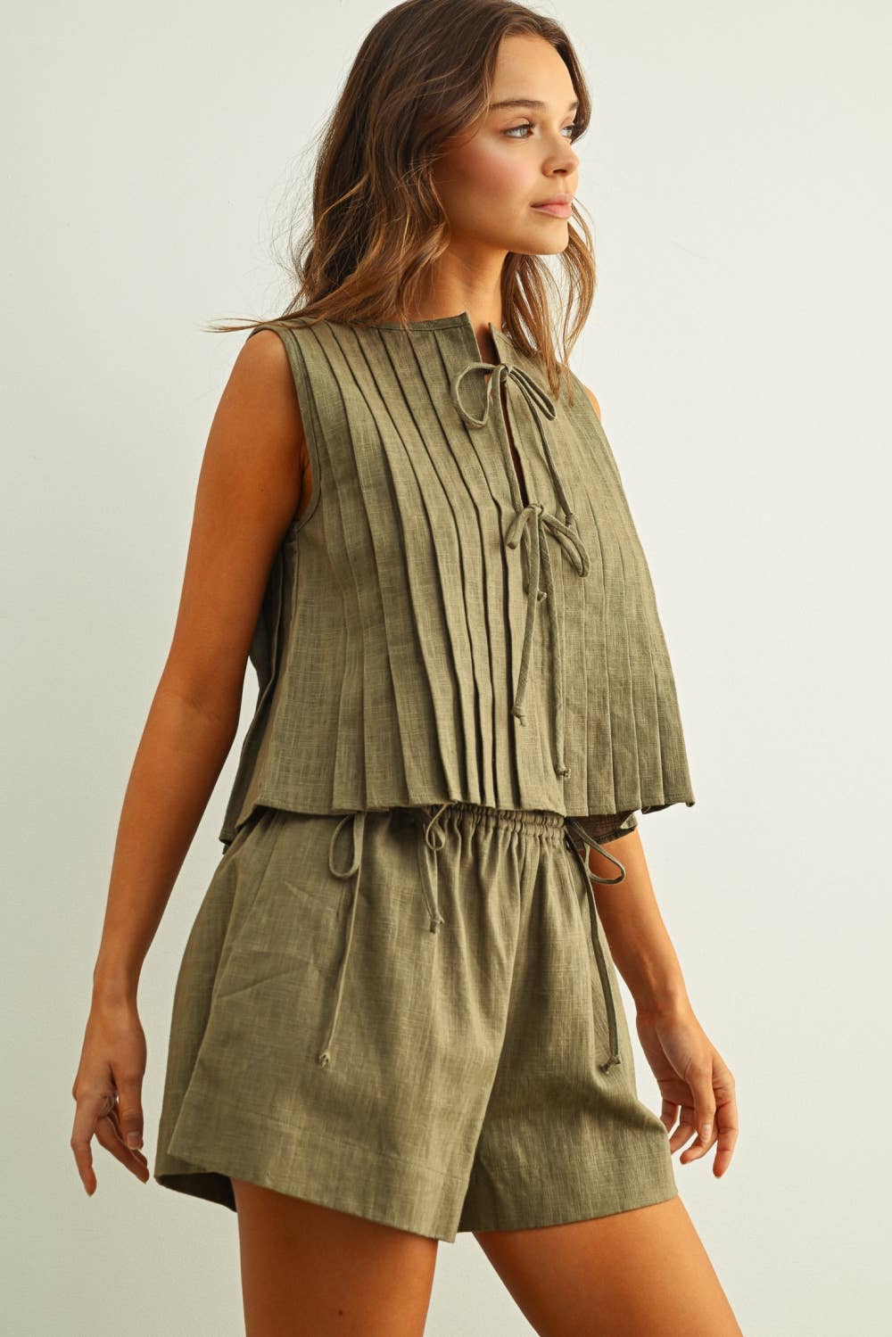 Pleated with Ties Olive Linen Top