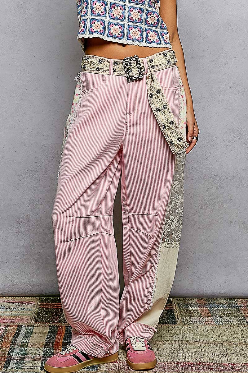 Pink Stripe Lace Trim Barrel Fit Denim Pants