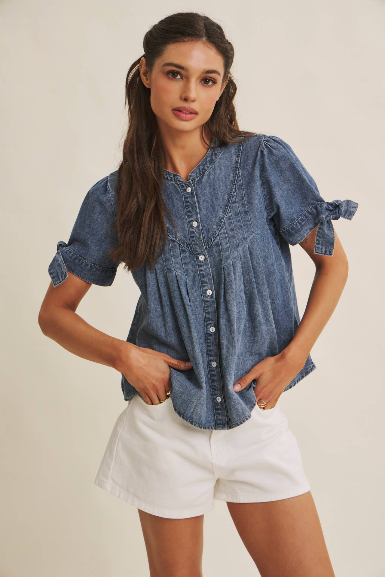 Mineral-Washed Denim Pintuck Shirt
