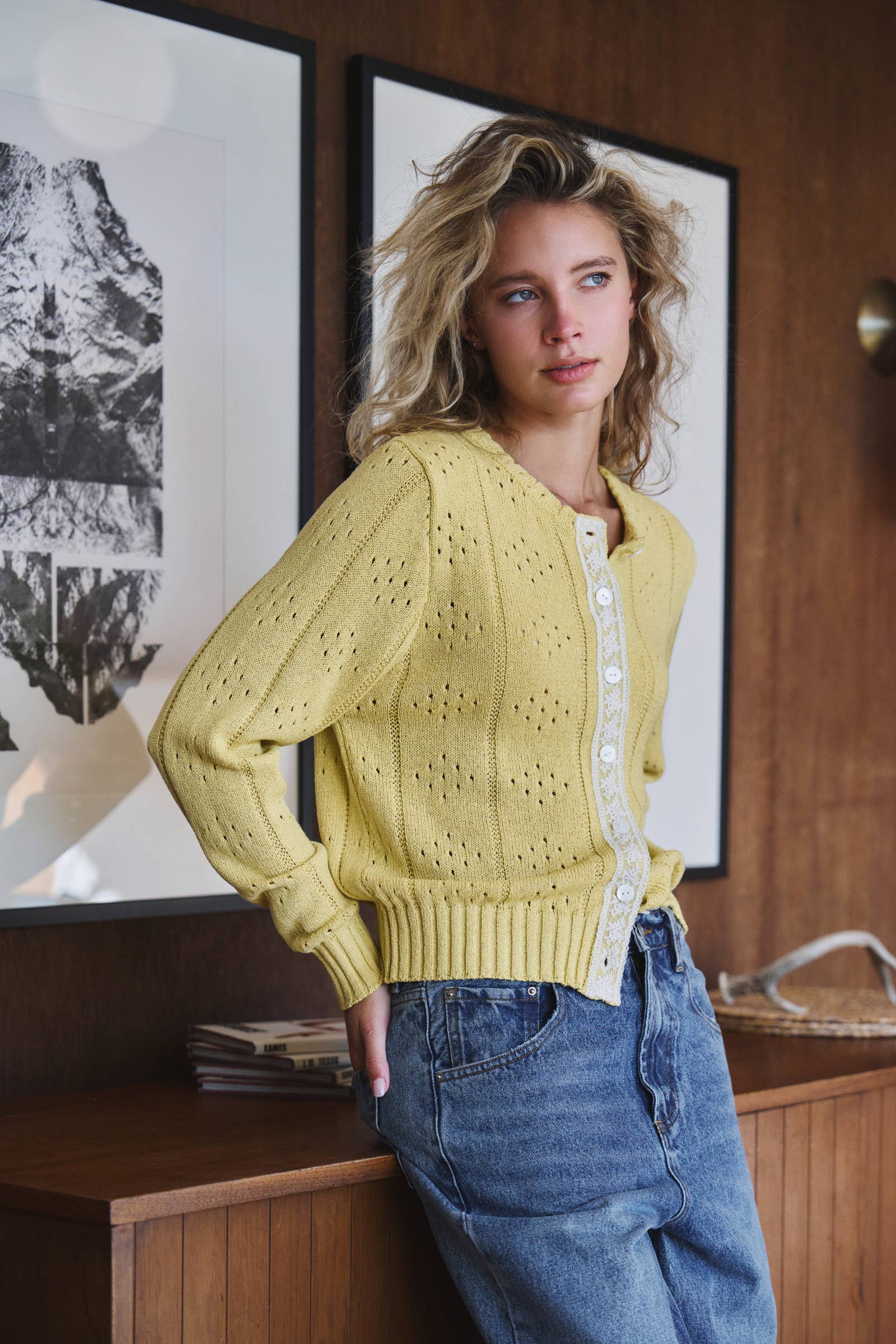 Pointelle Knit Cardigan with Lace Trim