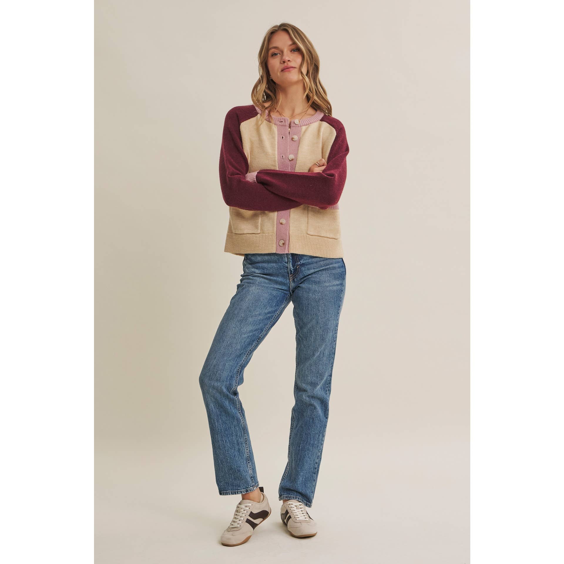 Colorblock Wool Blend Crewneck Cardigan