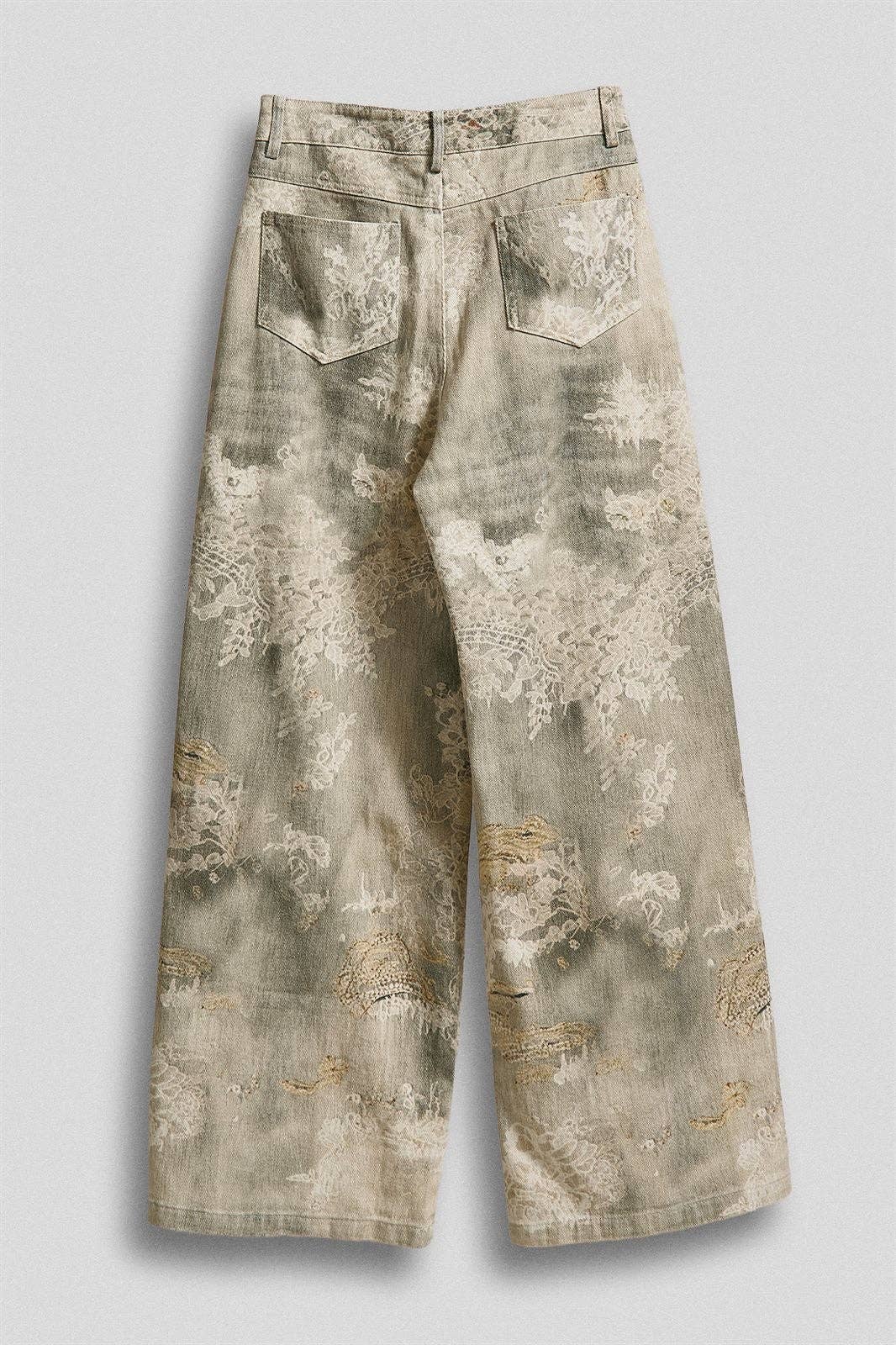 Wide Leg Cotton Pants in Vintage Lace Print
