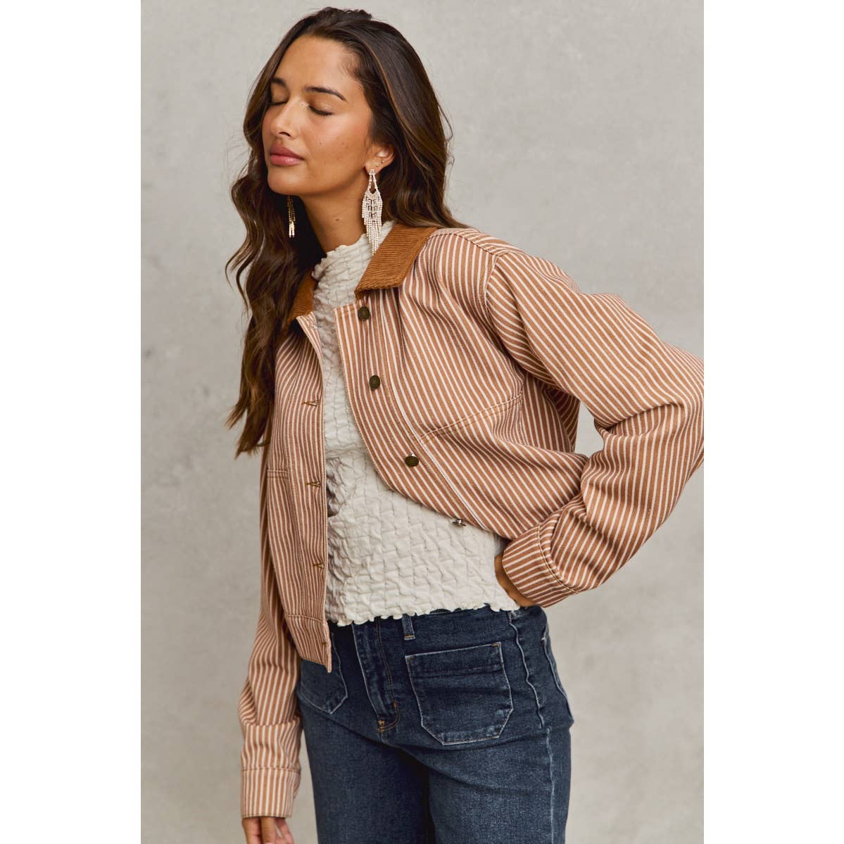 Stripe Twill Button Down Corduroy Collar Jacket