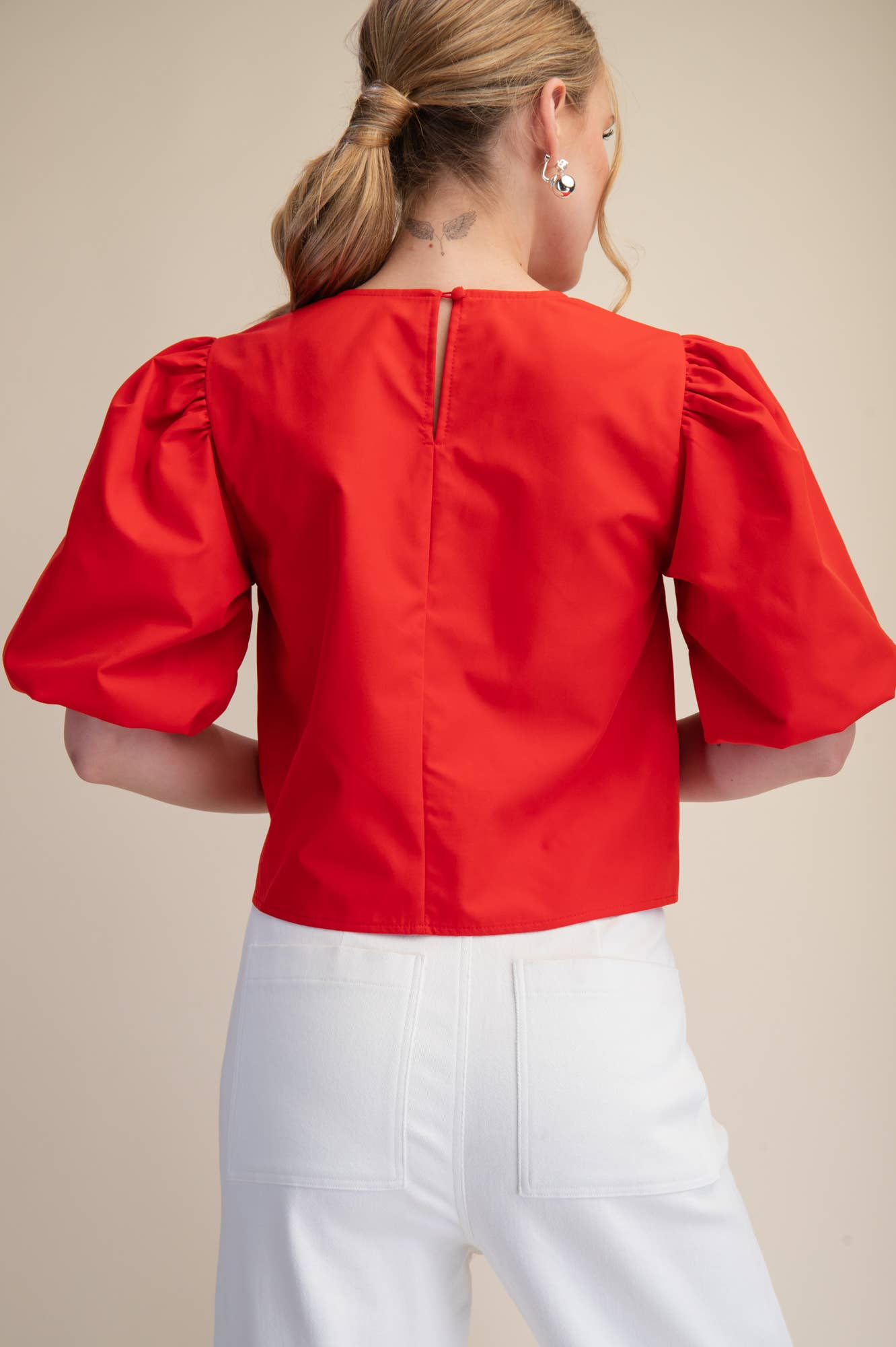 Tie-Front Blouse Puff Sleeve
